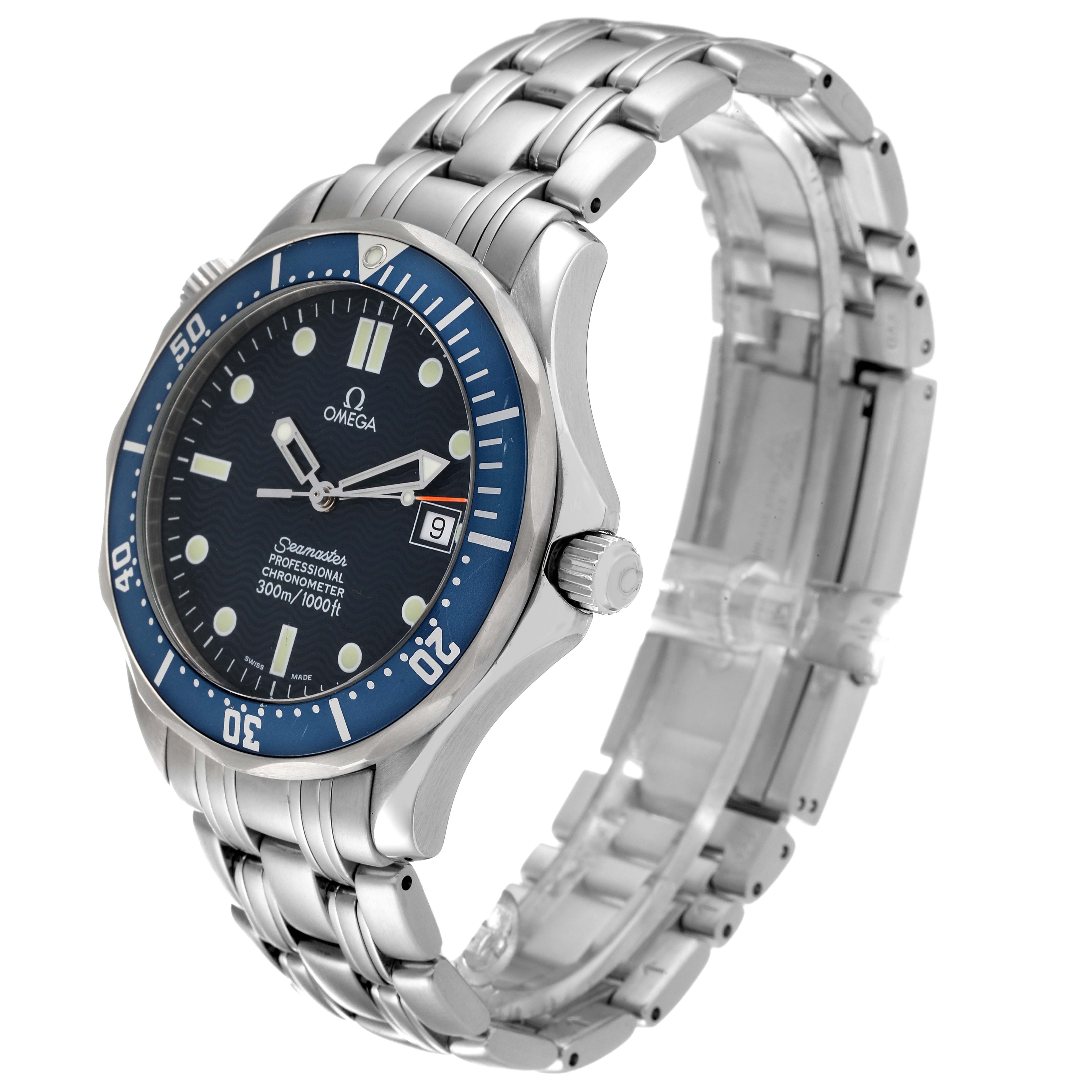 The Omega Seamaster 2531.80.00 Men's Stainless Steel Blue Dial 2531.80.00 Men's Stainless Steel Blue Dial watch is shown at a three-quarter angle, displaying the face, bezel, crown, and metal bracelet.