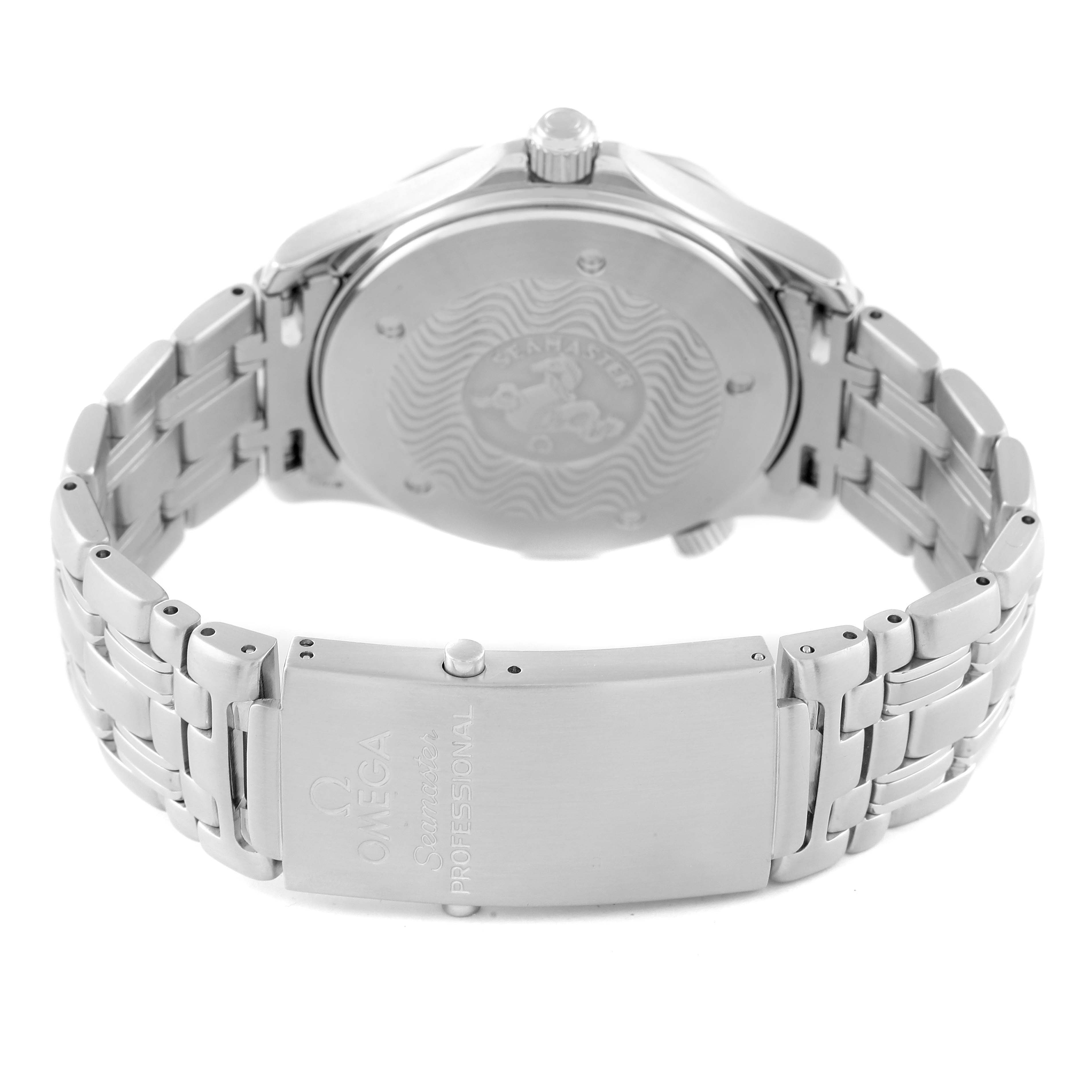 The image shows the back case and clasp of an Omega Seamaster 2531.80.00 Men's Stainless Steel Blue Dial 2531.80.00 Men's Stainless Steel Blue Dial watch from a rear angle.