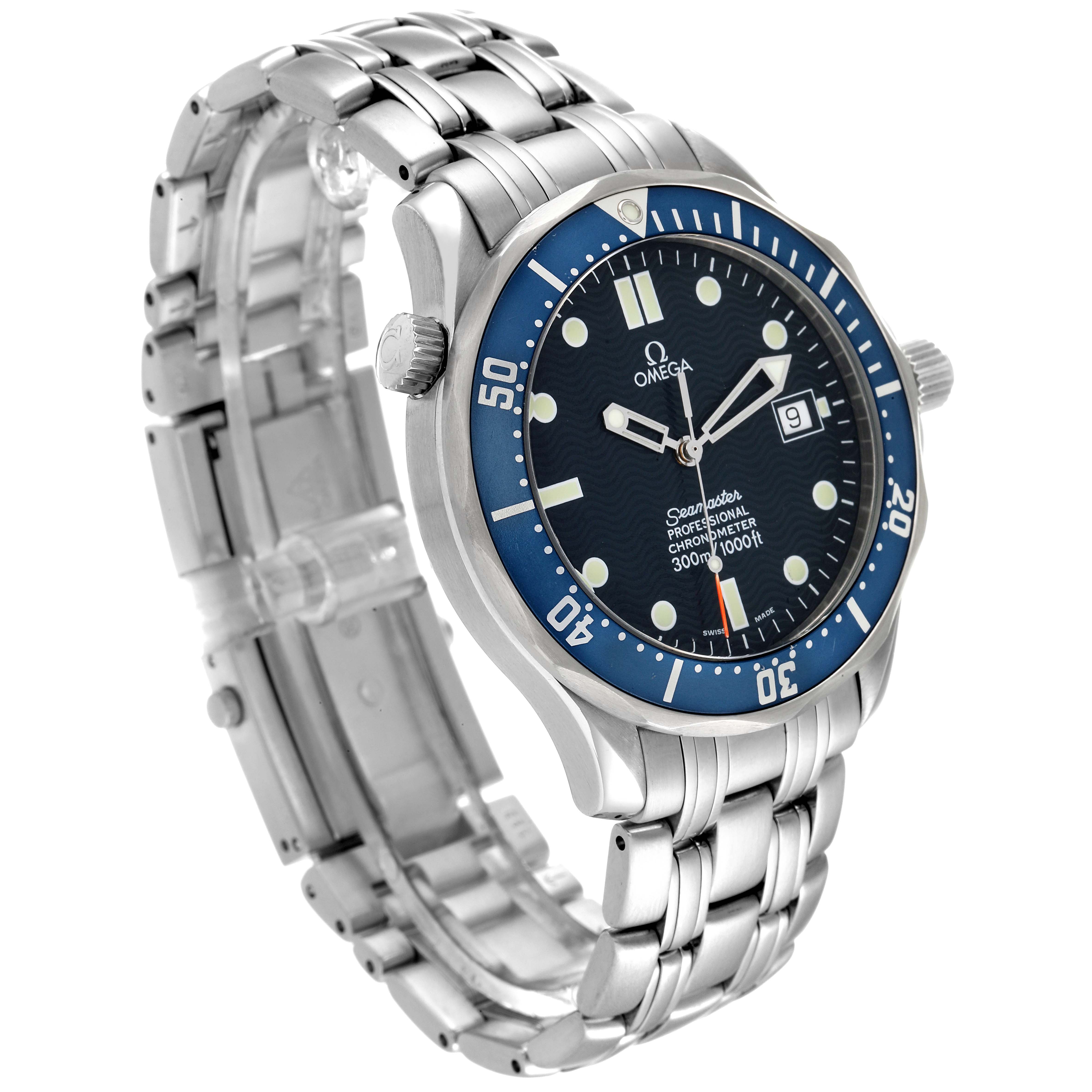 The image shows an Omega Seamaster 2531.80.00 Men's Stainless Steel Blue Dial 2531.80.00 Men's Stainless Steel Blue Dial watch at a three-quarter angle, displaying the face, bracelet, and crown.