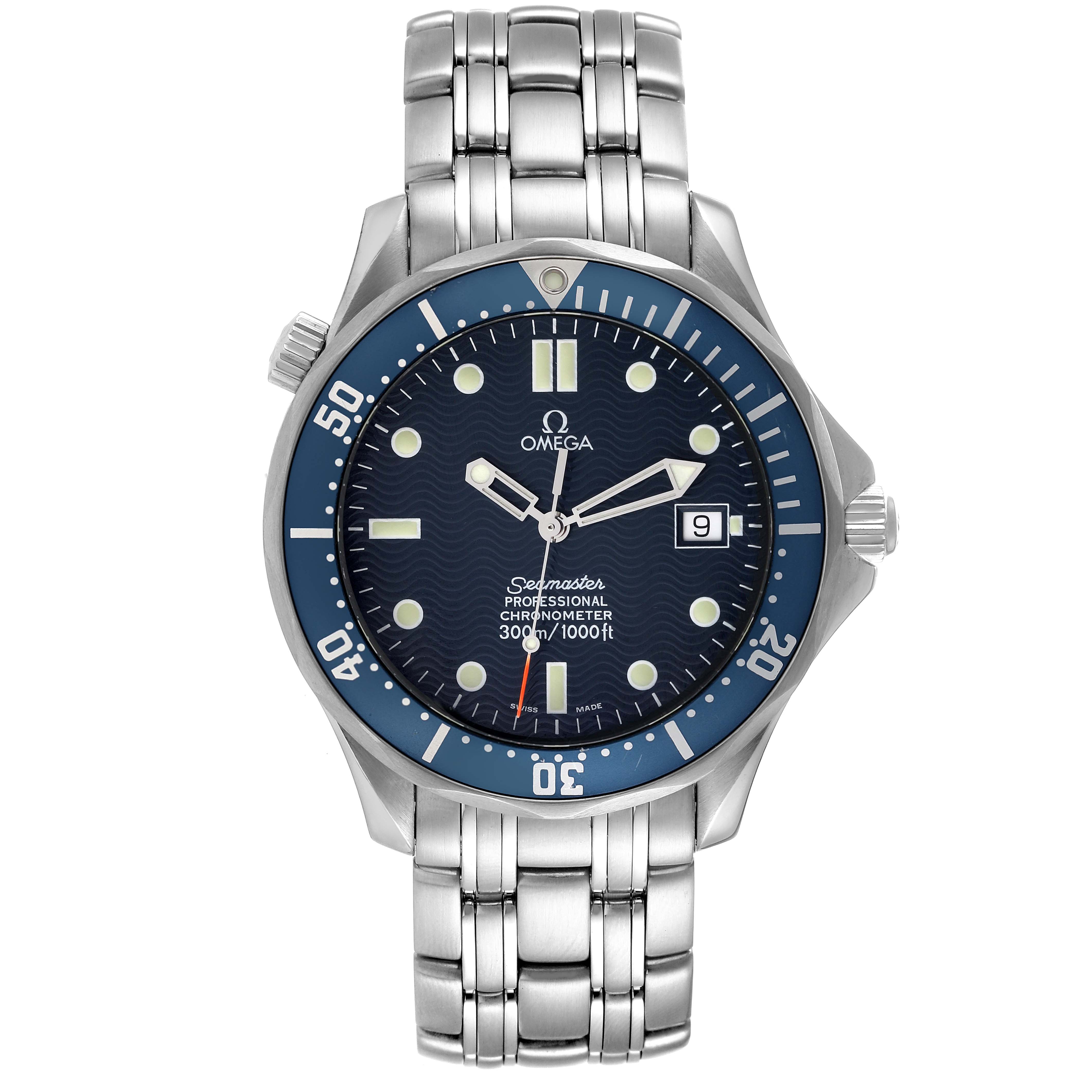 The image shows a front view of the Omega Seamaster 2531.80.00 Men's Stainless Steel Blue Dial 2531.80.00 Men's Stainless Steel Blue Dial watch, displaying the face, bezel, crown, and stainless steel bracelet.