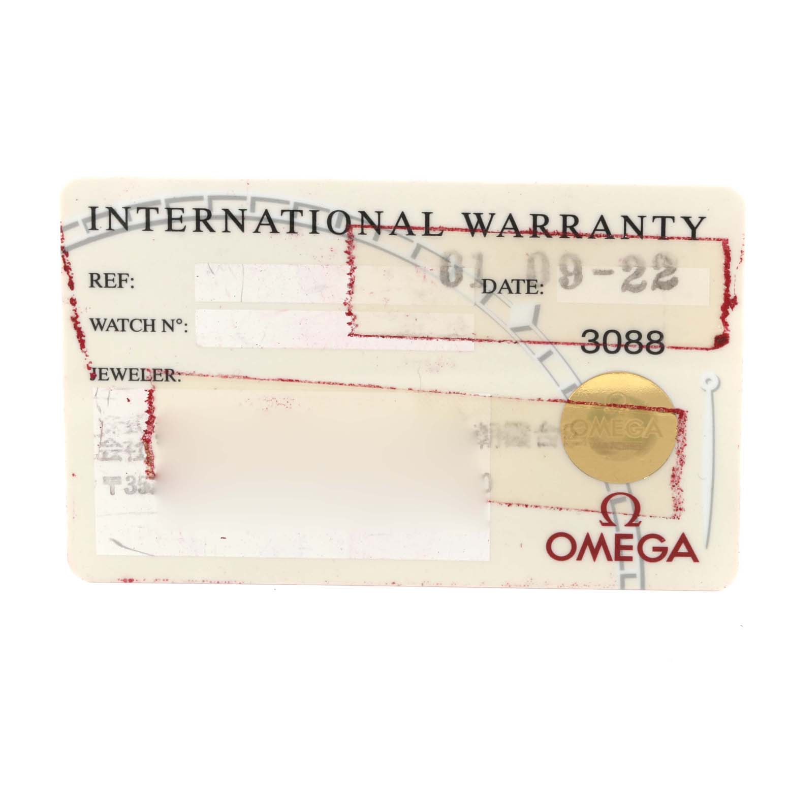 The image shows an International Warranty card for the Omega Seamaster 2531.80.00 Men
s Stainless Steel Blue Dial 2531.80.00 Men
s Stainless Steel Blue Dial watch.