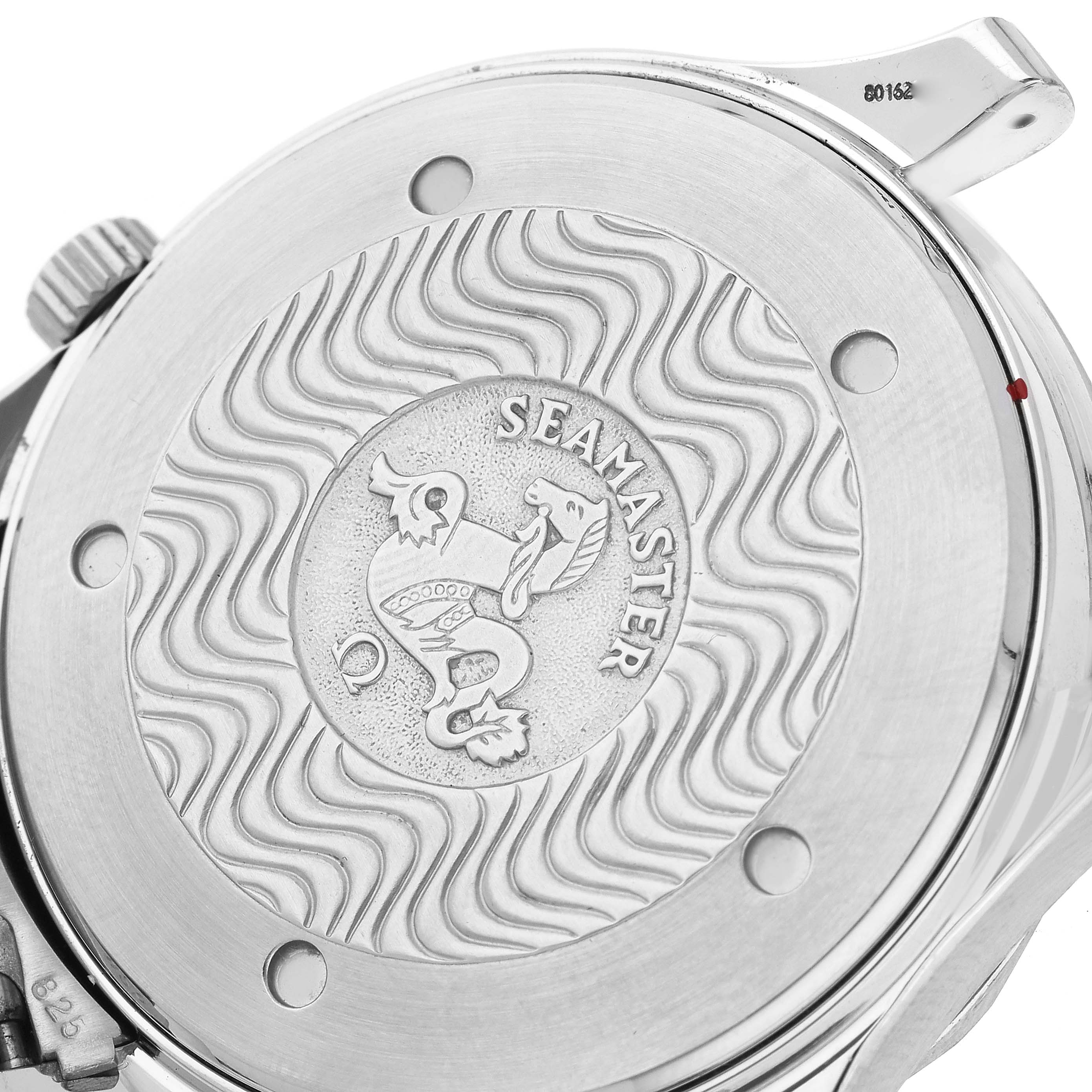 The image shows the back case of an Omega Seamaster 2531.80.00 Men
s Stainless Steel Blue Dial 2531.80.00 Men
s Stainless Steel Blue Dial watch, featuring the engraved logo and wave pattern design.