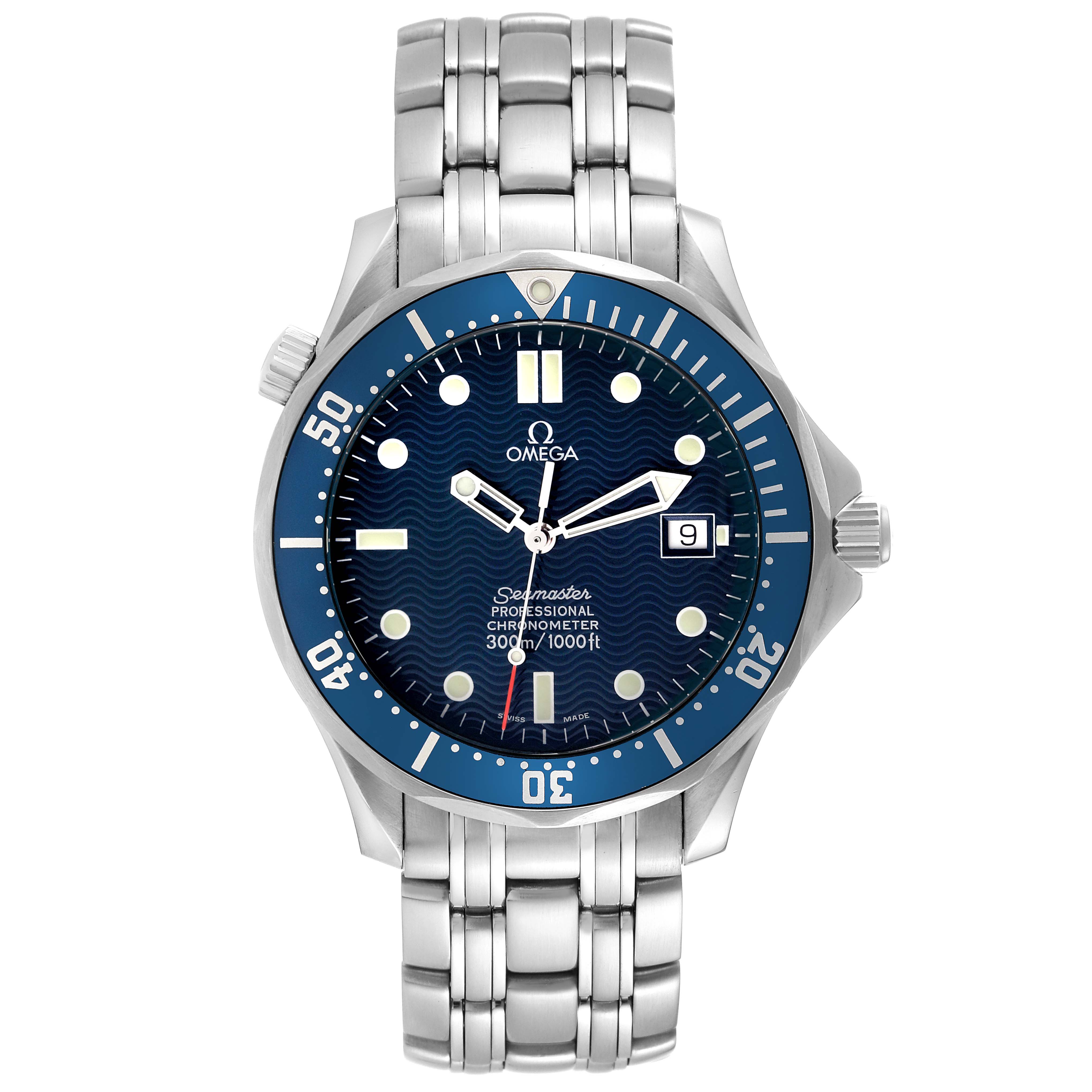 This Omega Seamaster 2531.80.00 Men
s Stainless Steel Blue Dial 2531.80.00 Men
s Stainless Steel Blue Dial watch is shown from the front, displaying the face, bezel, and bracelet.