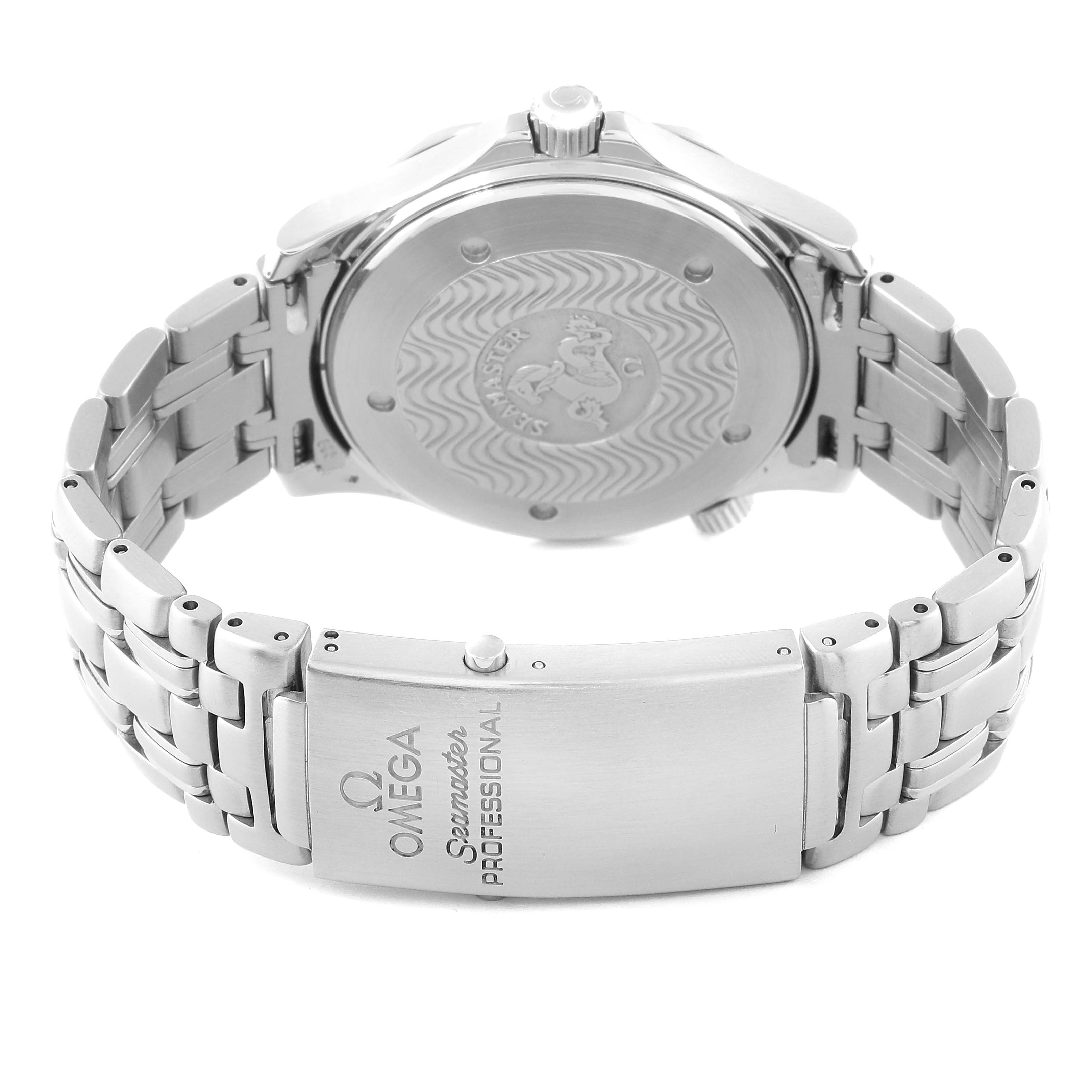 The image shows the case back and bracelet clasp of an Omega Seamaster 2531.80.00 Men
s Stainless Steel Blue Dial 2531.80.00 Men
s Stainless Steel Blue Dial watch from a rear angle.