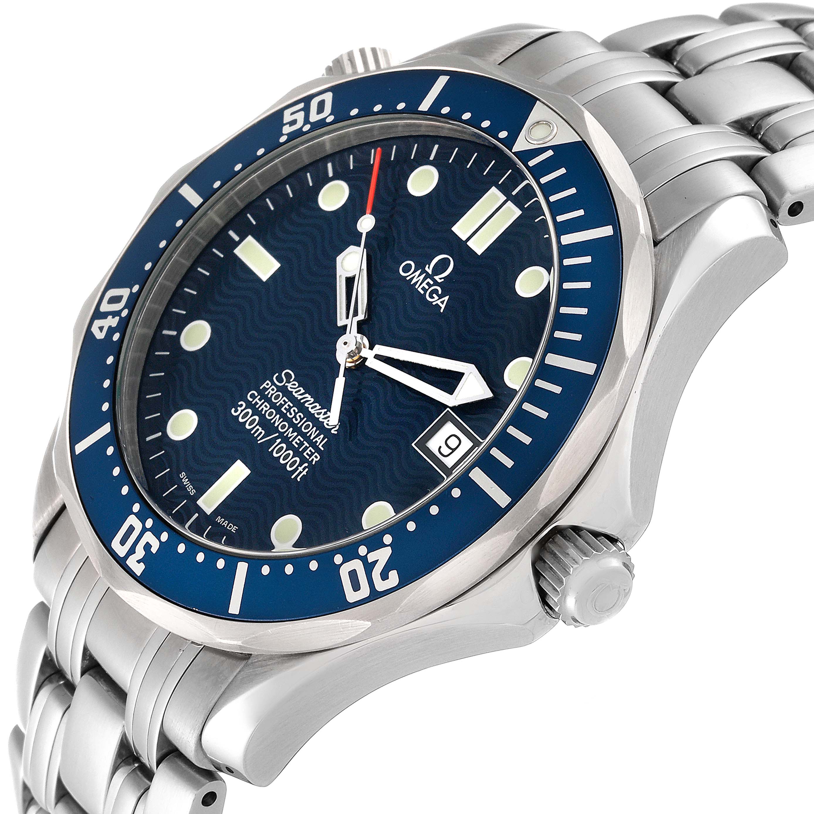 This Omega Seamaster 2531.80.00 Men
s Stainless Steel Blue Dial 2531.80.00 Men
s Stainless Steel Blue Dial watch is shown from an angled side view, highlighting the dial, bezel, crown, and part of the bracelet.