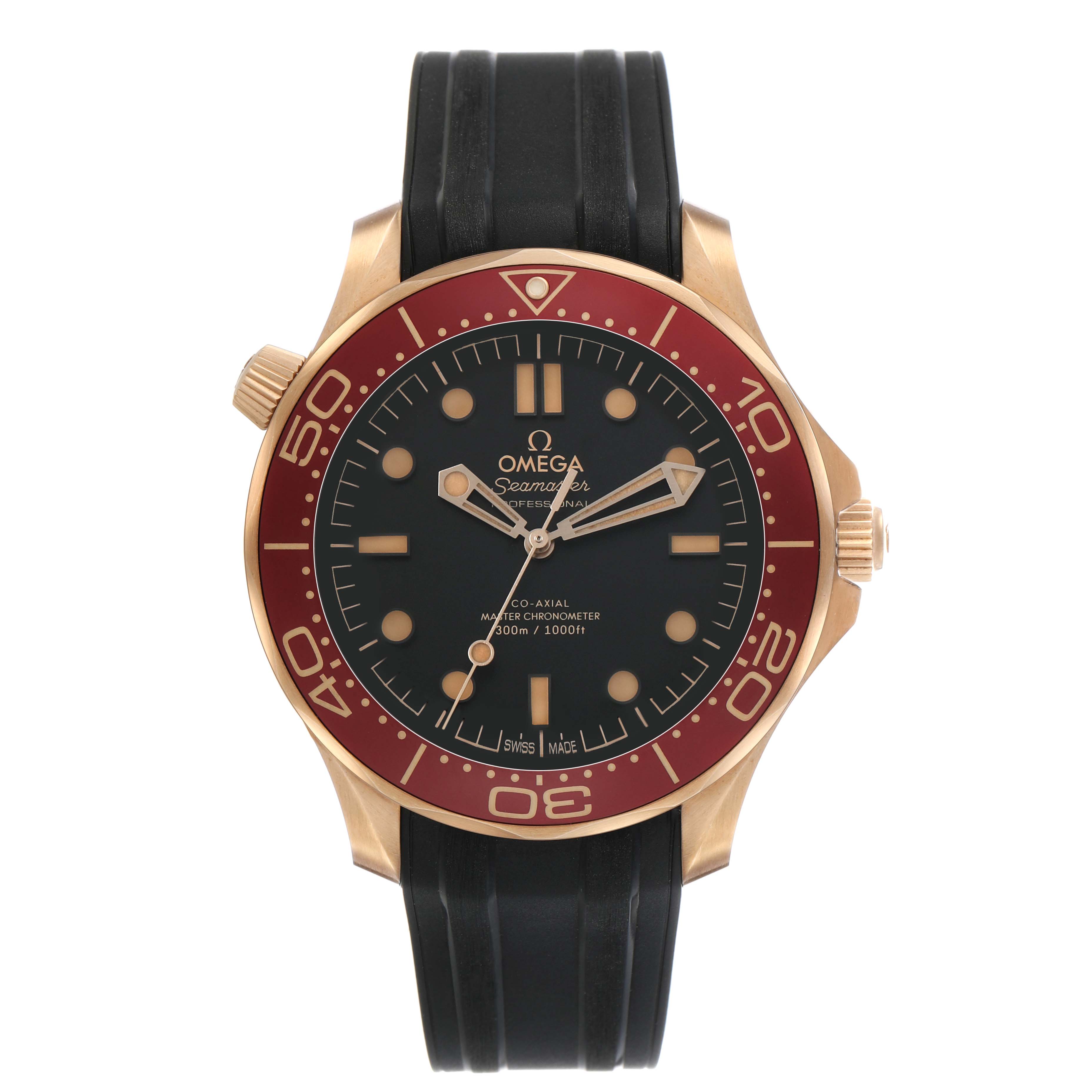 The image shows a frontal view of an Omega Seamaster 210.92.42.20.01.003 Men's Rose Gold Black Dial watch with a red bezel and black rubber strap.