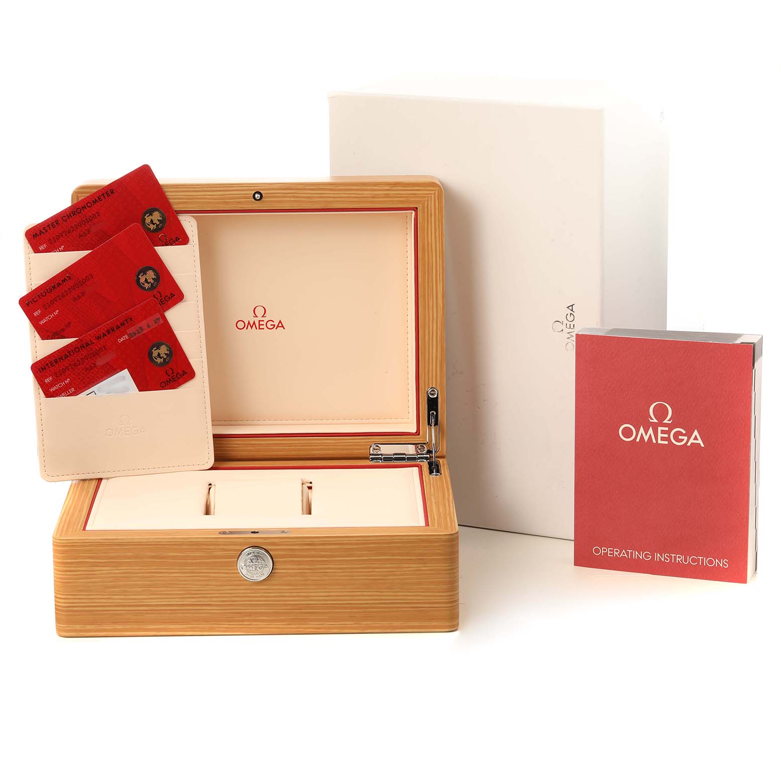 The image shows the Omega Seamaster 210.92.42.20.01.003 Men's Rose Gold Black Dial watch box, warranty cards, and the operating instructions, all presented from the front.