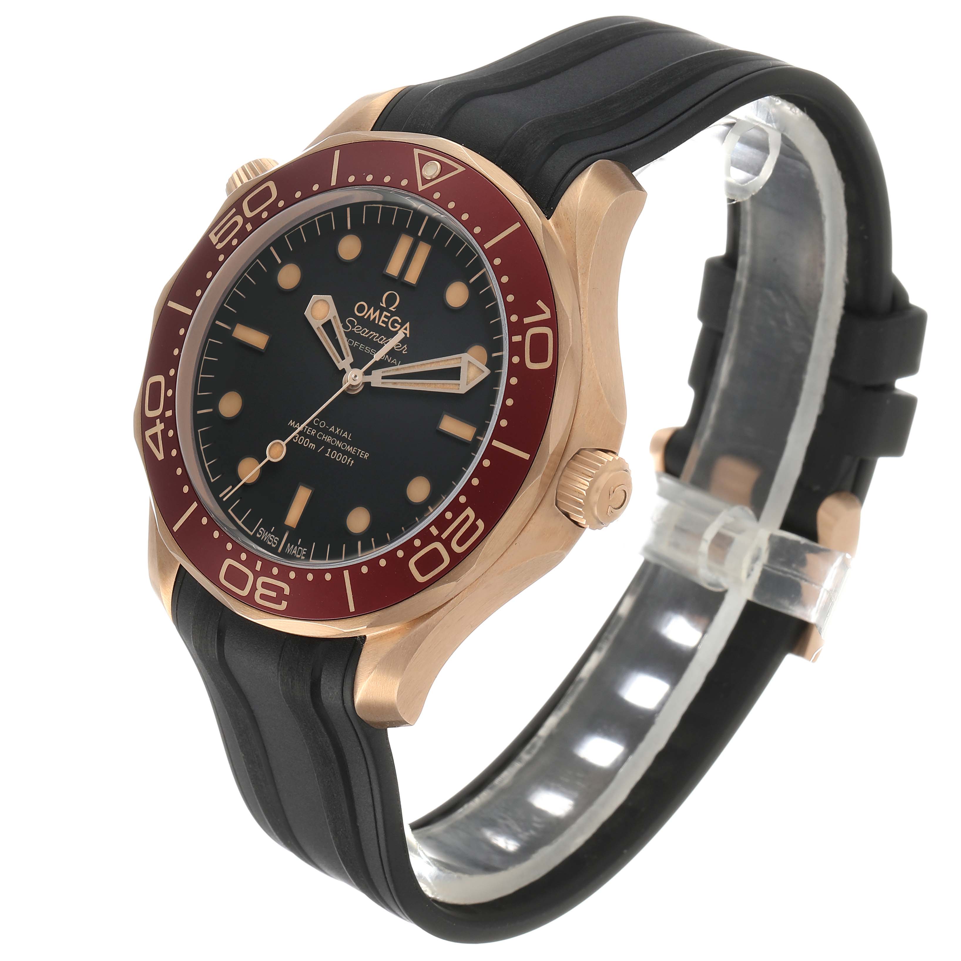 The Omega Seamaster 210.92.42.20.01.003 Men's Rose Gold Black Dial watch is shown from a three-quarter angle, displaying the face, bezel, and strap.