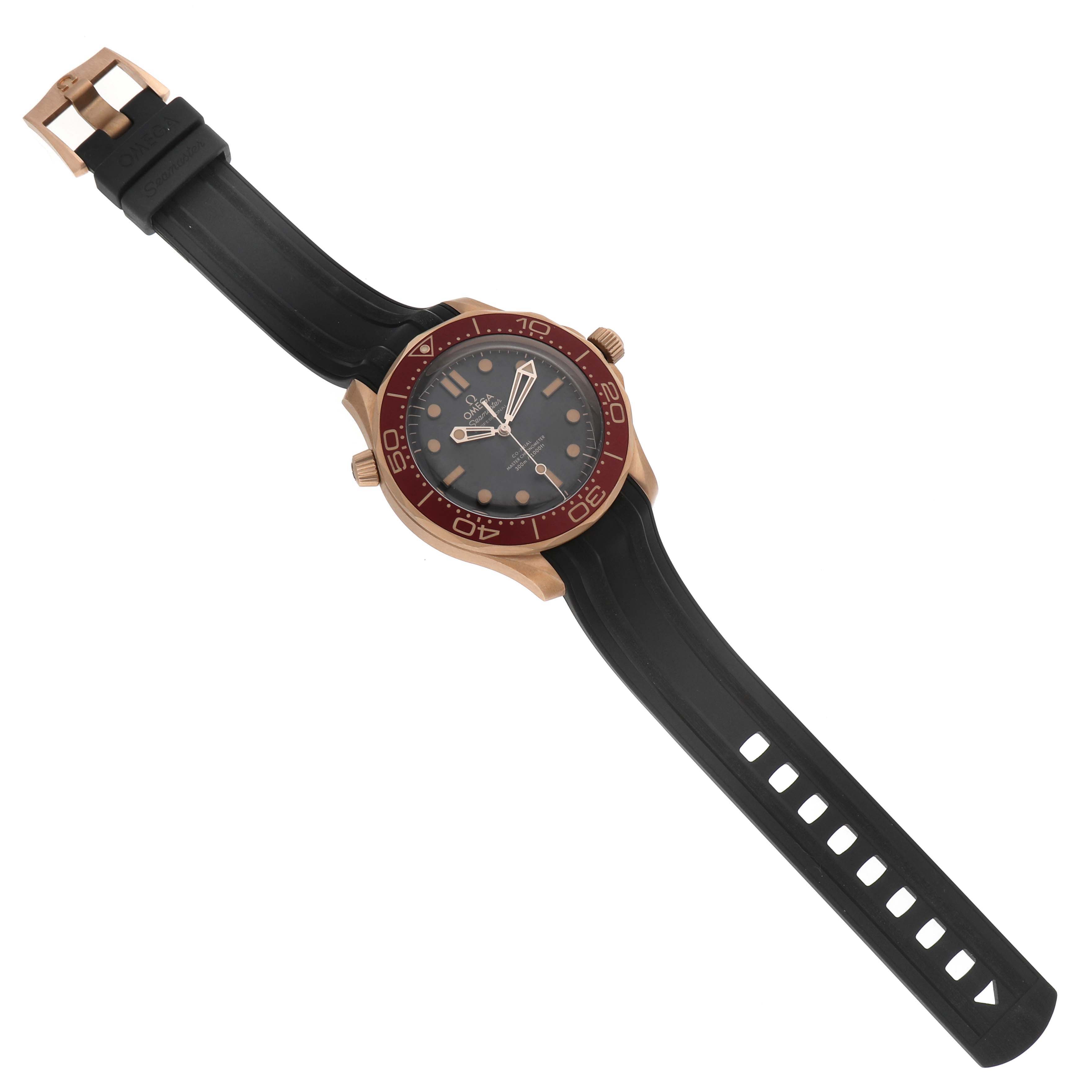 The Omega Seamaster 210.92.42.20.01.003 Men's Rose Gold Black Dial watch is shown from a top-down angle, highlighting its face, bezel, and black strap.