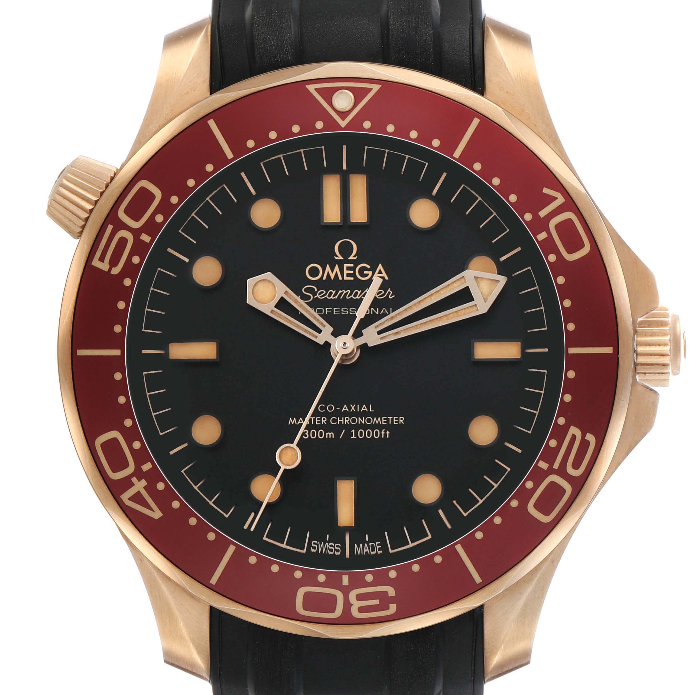 The Omega Seamaster 210.92.42.20.01.003 Men's Rose Gold Black Dial watch is shown from the front, highlighting the dial, bezel, and crowns.