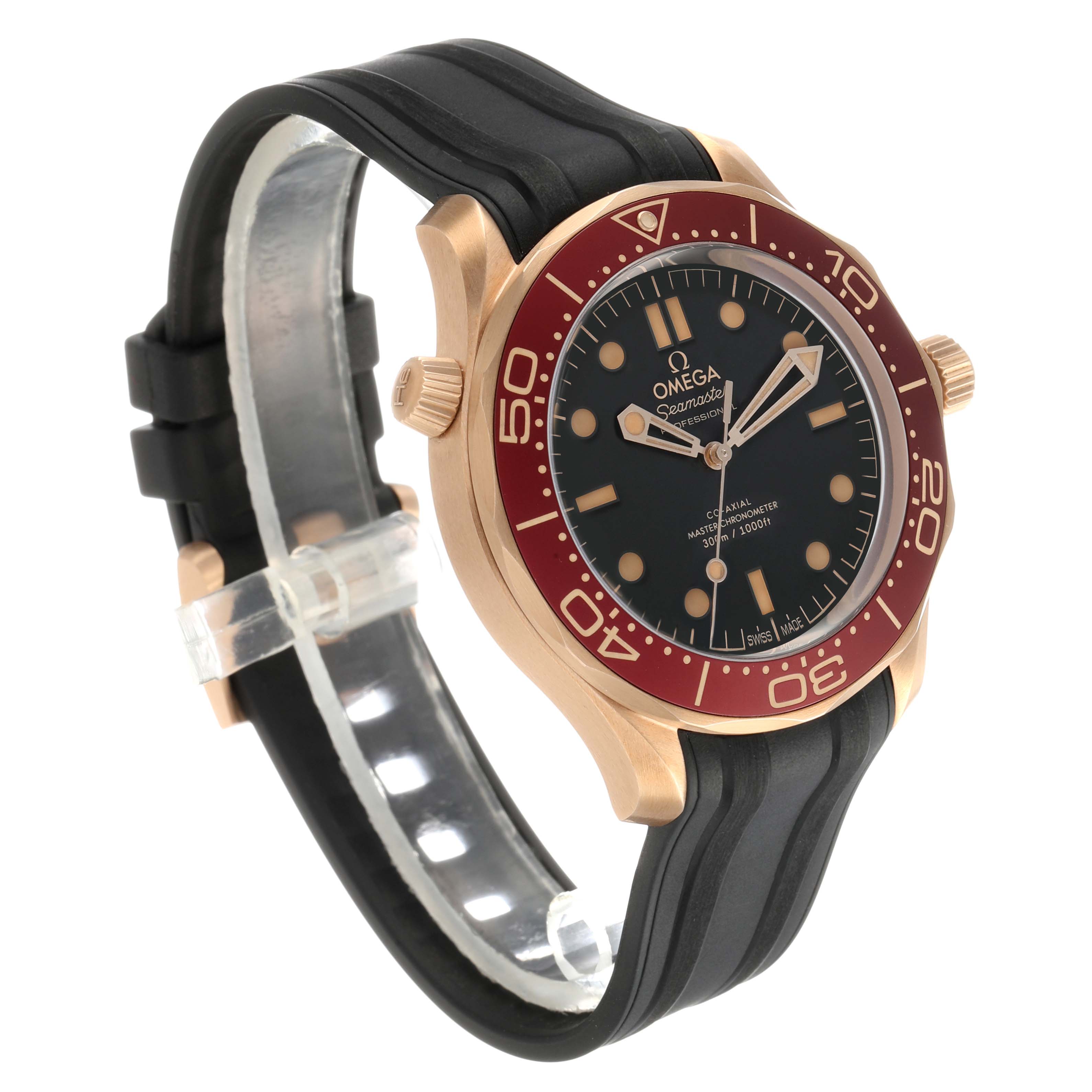 The Omega Seamaster 210.92.42.20.01.003 Men's Rose Gold Black Dial watch is shown at a side angle displaying the face, bezel, case, crown, and black strap.