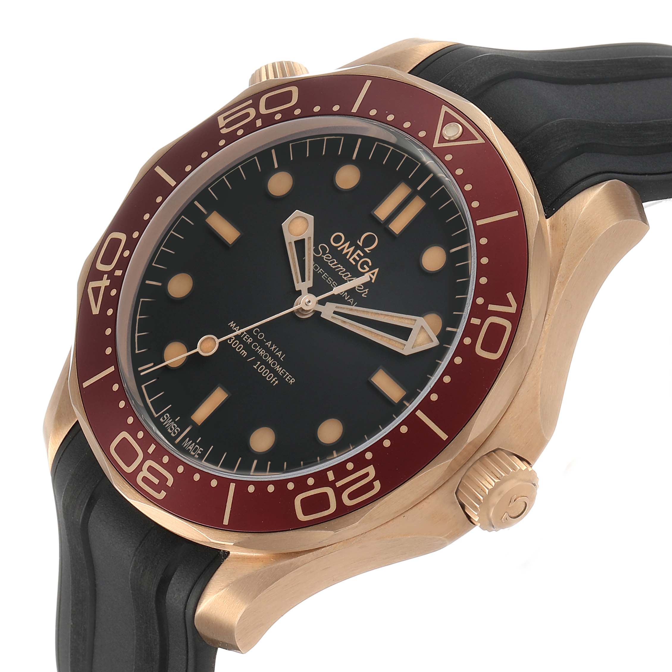 The image shows the Omega Seamaster 210.92.42.20.01.003 Men's Rose Gold Black Dial's face, bezel, and crown at an angled side view, highlighting the strap and dial details.
