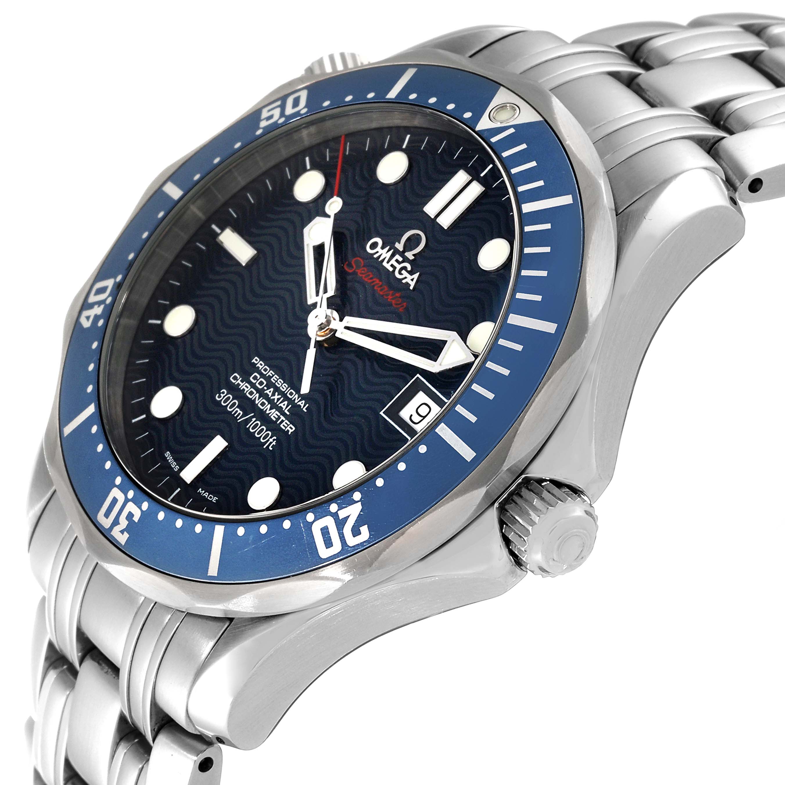 The Omega Seamaster 2220.80.00 Men's Stainless Steel Blue Dial 2220.80.00 Men's Stainless Steel Blue Dial watch is shown at an oblique angle highlighting its dial, bezel, crown, and stainless steel bracelet.