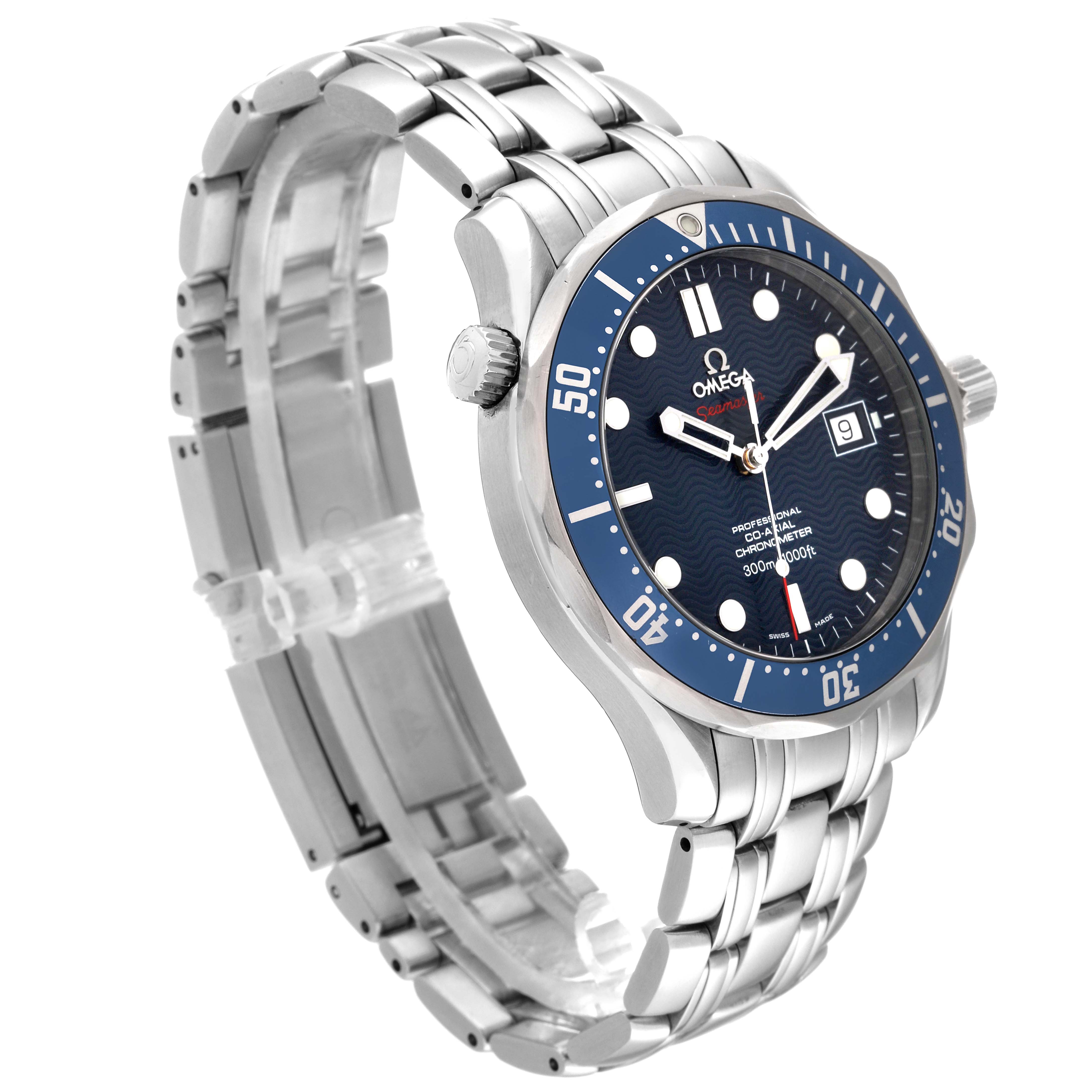 The image shows an angled view of an Omega Seamaster 2220.80.00 Men's Stainless Steel Blue Dial 2220.80.00 Men's Stainless Steel Blue Dial watch, highlighting the face, bezel, crown, and metal bracelet.