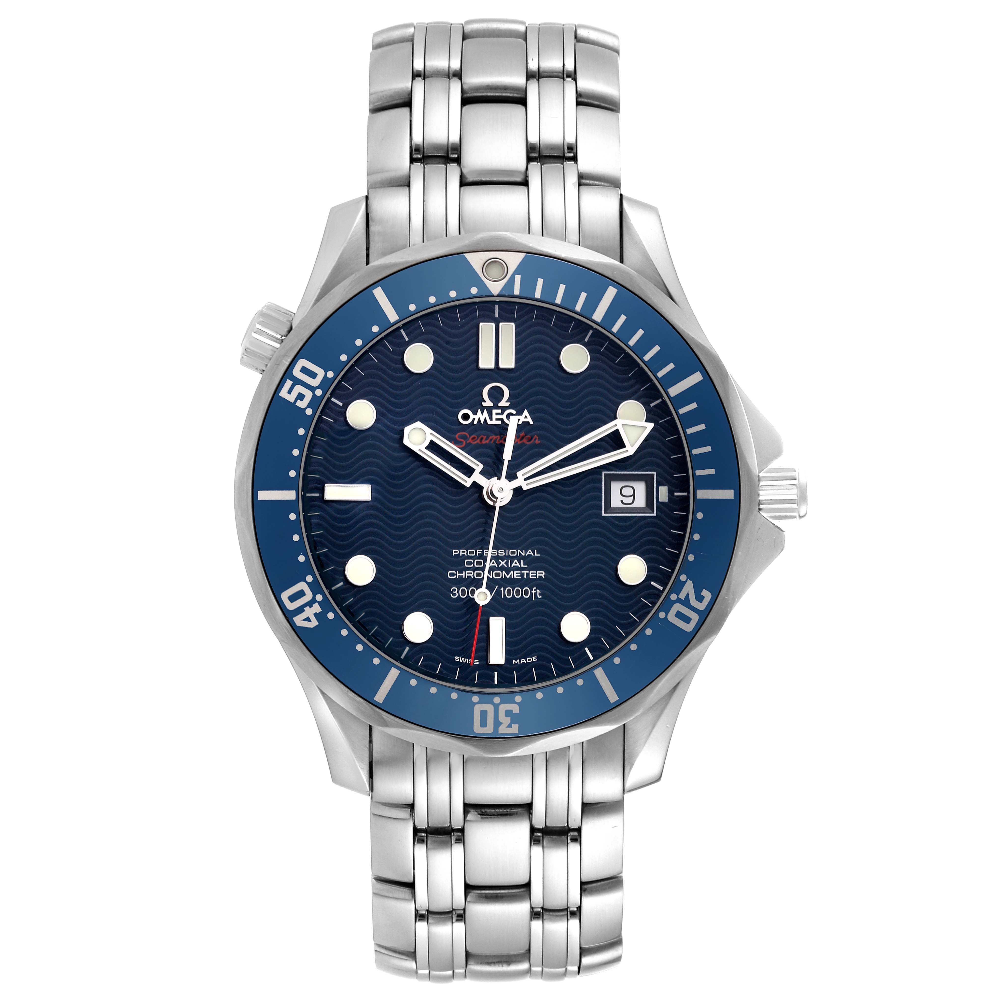 The Omega Seamaster 2220.80.00 Men's Stainless Steel Blue Dial 2220.80.00 Men's Stainless Steel Blue Dial watch is shown from a front angle, displaying the dial, bezel, crown, and stainless steel bracelet.
