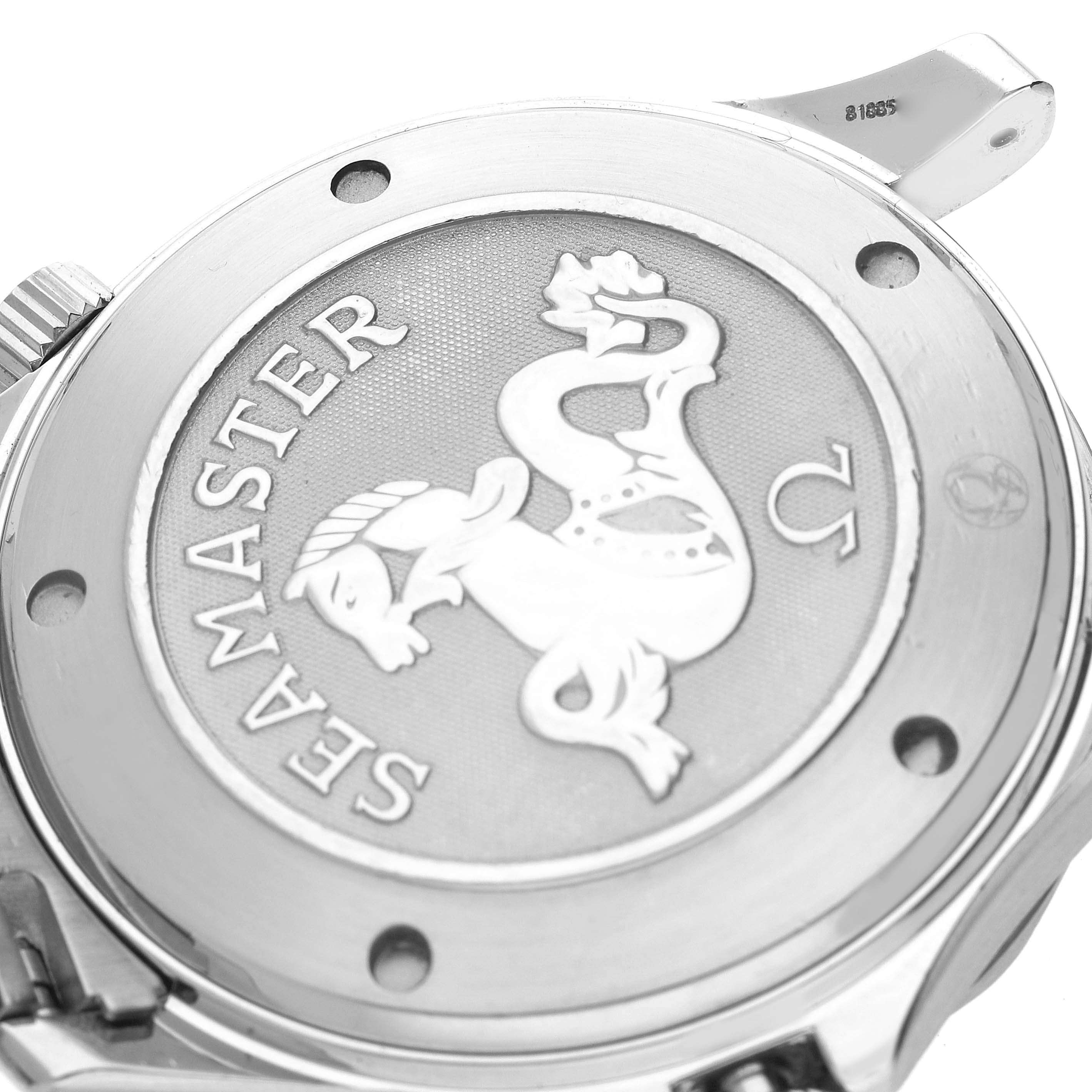 An angled view of an Omega Seamaster 2220.80.00 Men's Stainless Steel Blue Dial 2220.80.00 Men's Stainless Steel Blue Dial watch back, showcasing the engraved design and brand insignia.