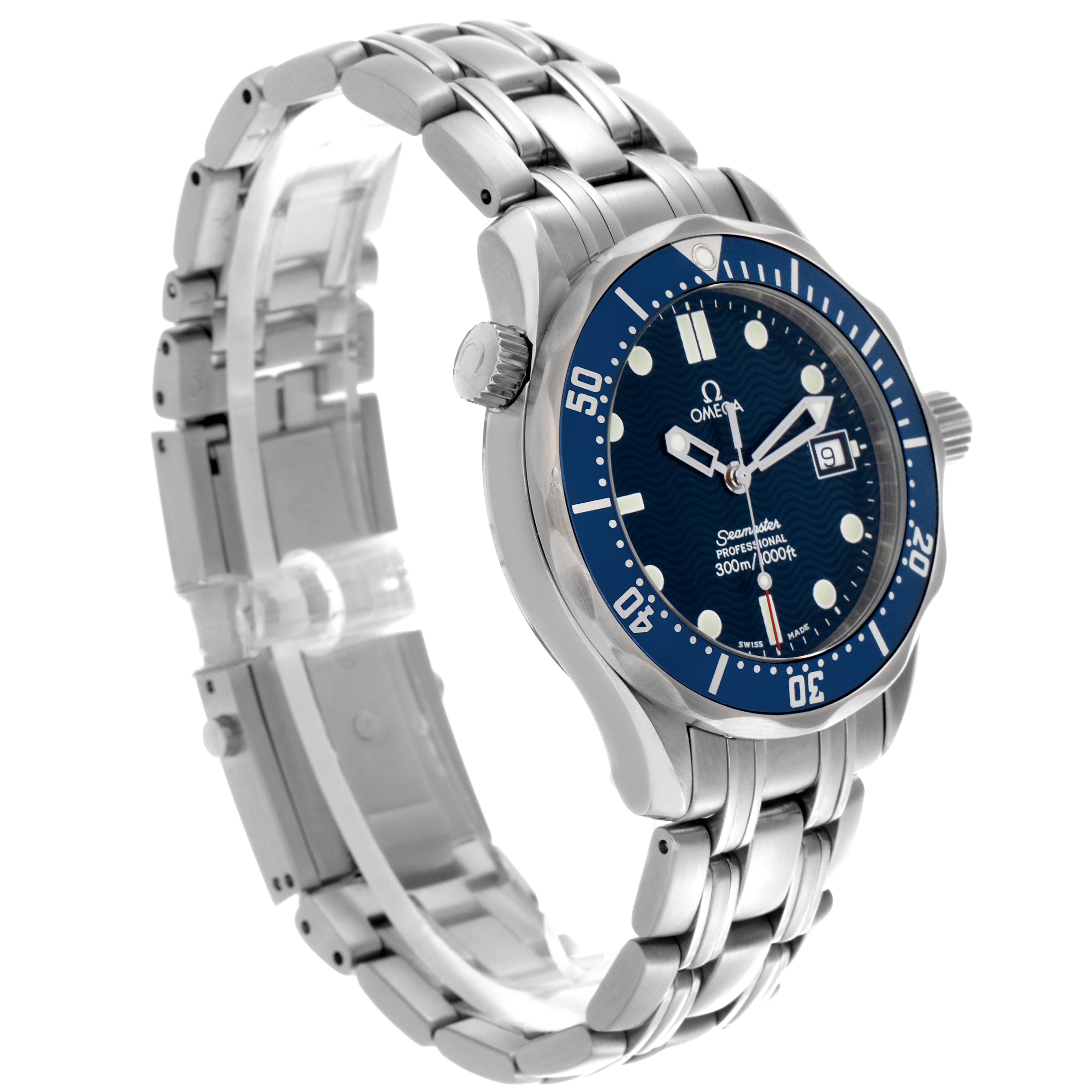 The Omega Seamaster 2561.80.00 Men
s Stainless Steel Blue Dial 2561.80.00 Men
s Stainless Steel Blue Dial watch is shown at a three-quarter angle, highlighting the face, bezel, and stainless steel bracelet.