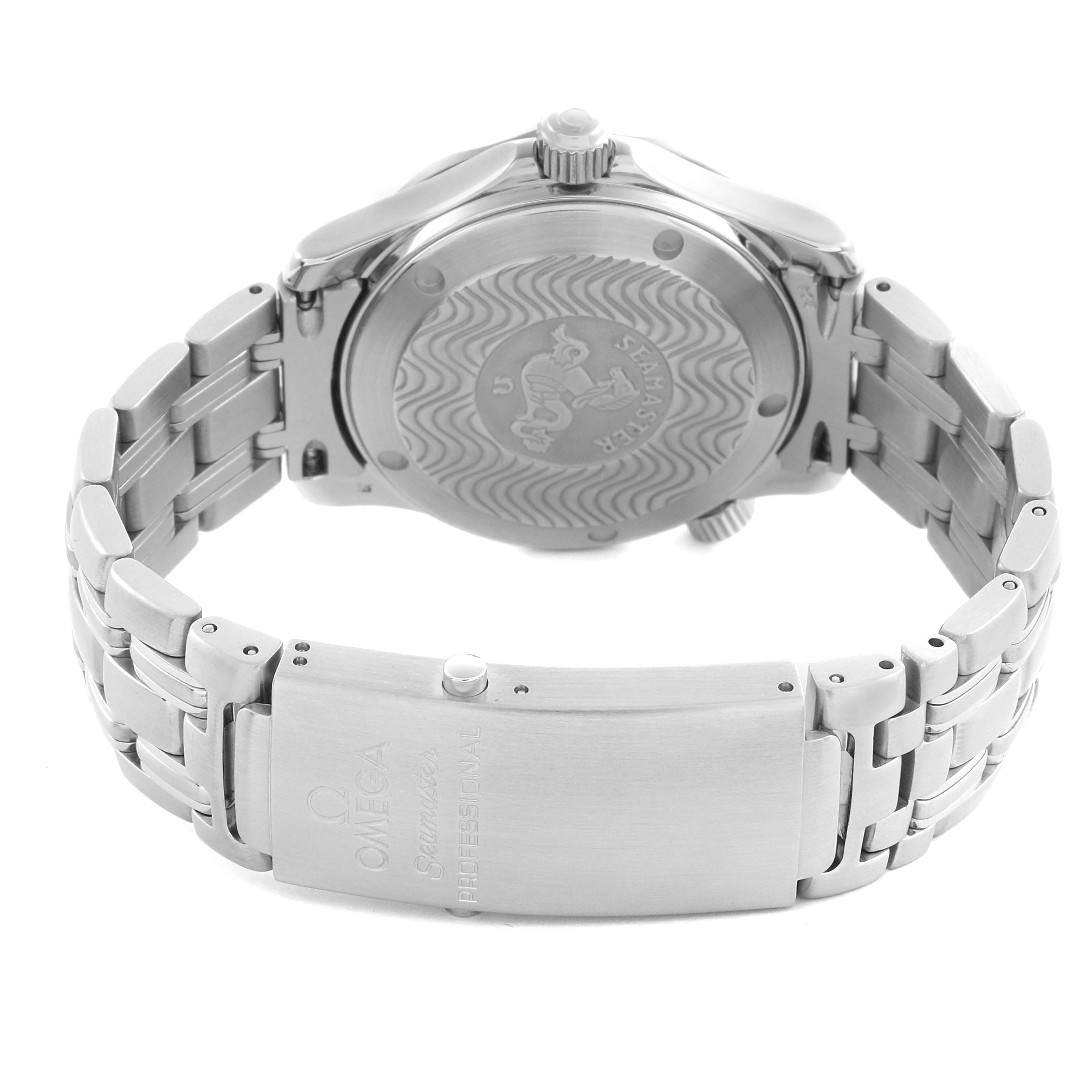 The Omega Seamaster 2561.80.00 Men
s Stainless Steel Blue Dial 2561.80.00 Men
s Stainless Steel Blue Dial watch is shown from the back, highlighting the case back, bracelet, clasp, and crown.