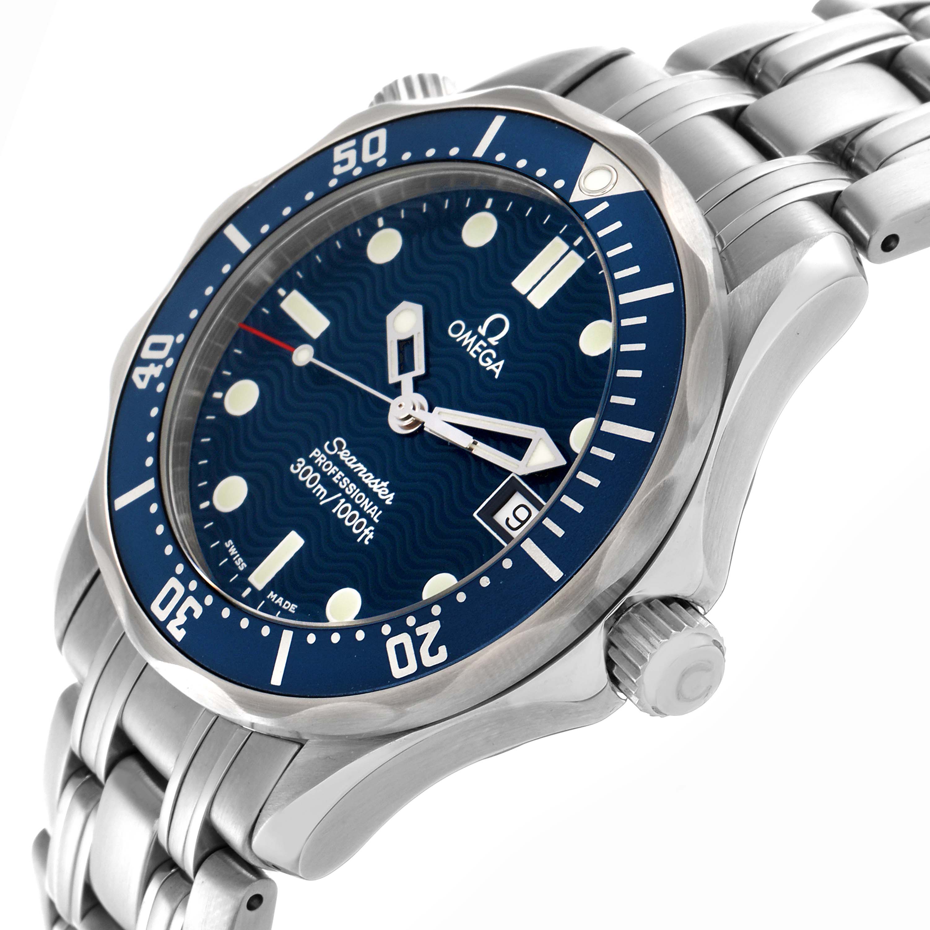 The Omega Seamaster 2561.80.00 Men
s Stainless Steel Blue Dial 2561.80.00 Men
s Stainless Steel Blue Dial watch is shown at an angled side view, highlighting the blue dial, case, bezel, and part of the bracelet.