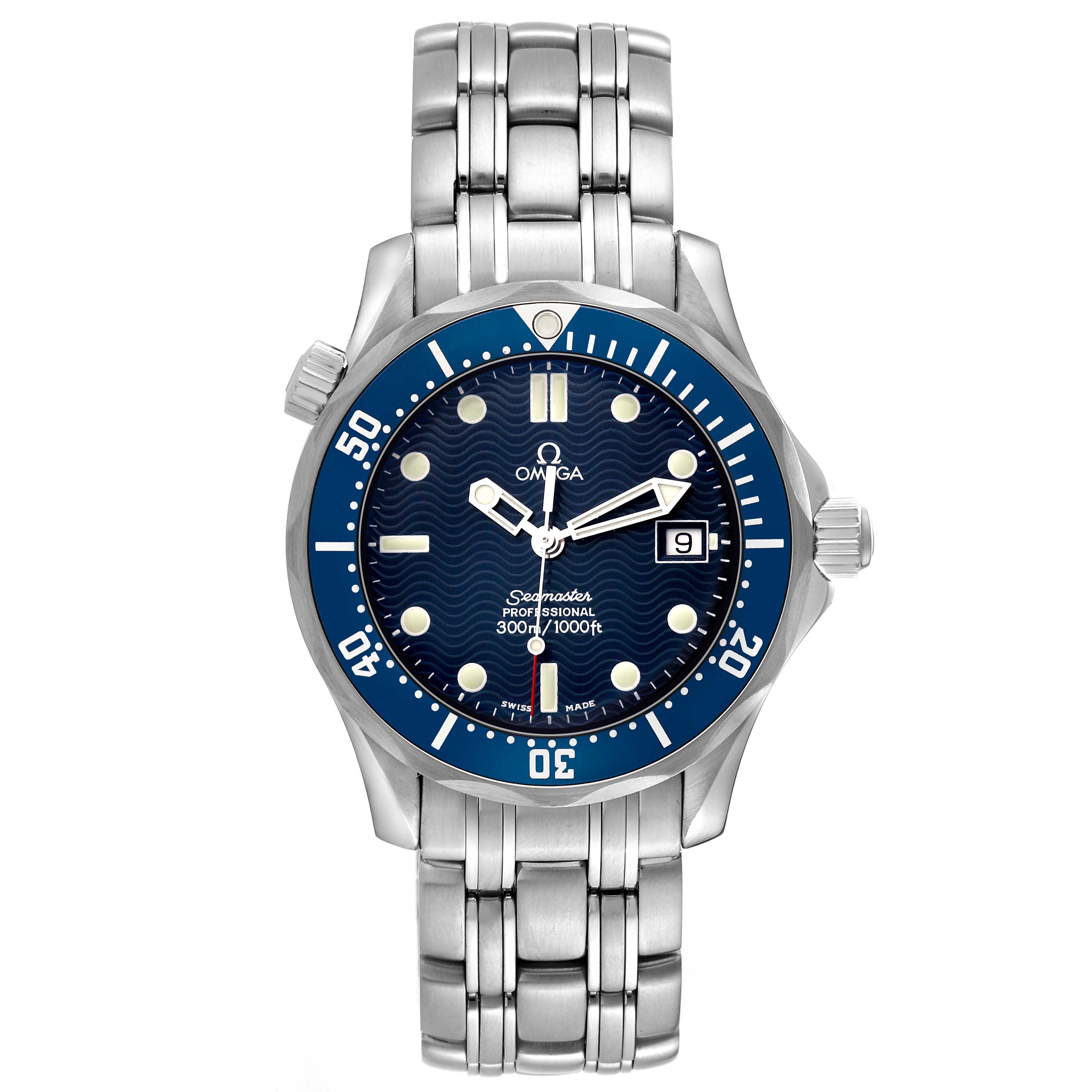 The Omega Seamaster 2561.80.00 Men
s Stainless Steel Blue Dial 2561.80.00 Men
s Stainless Steel Blue Dial watch is shown from the front, highlighting the dial, bezel, crown, and metal bracelet.
