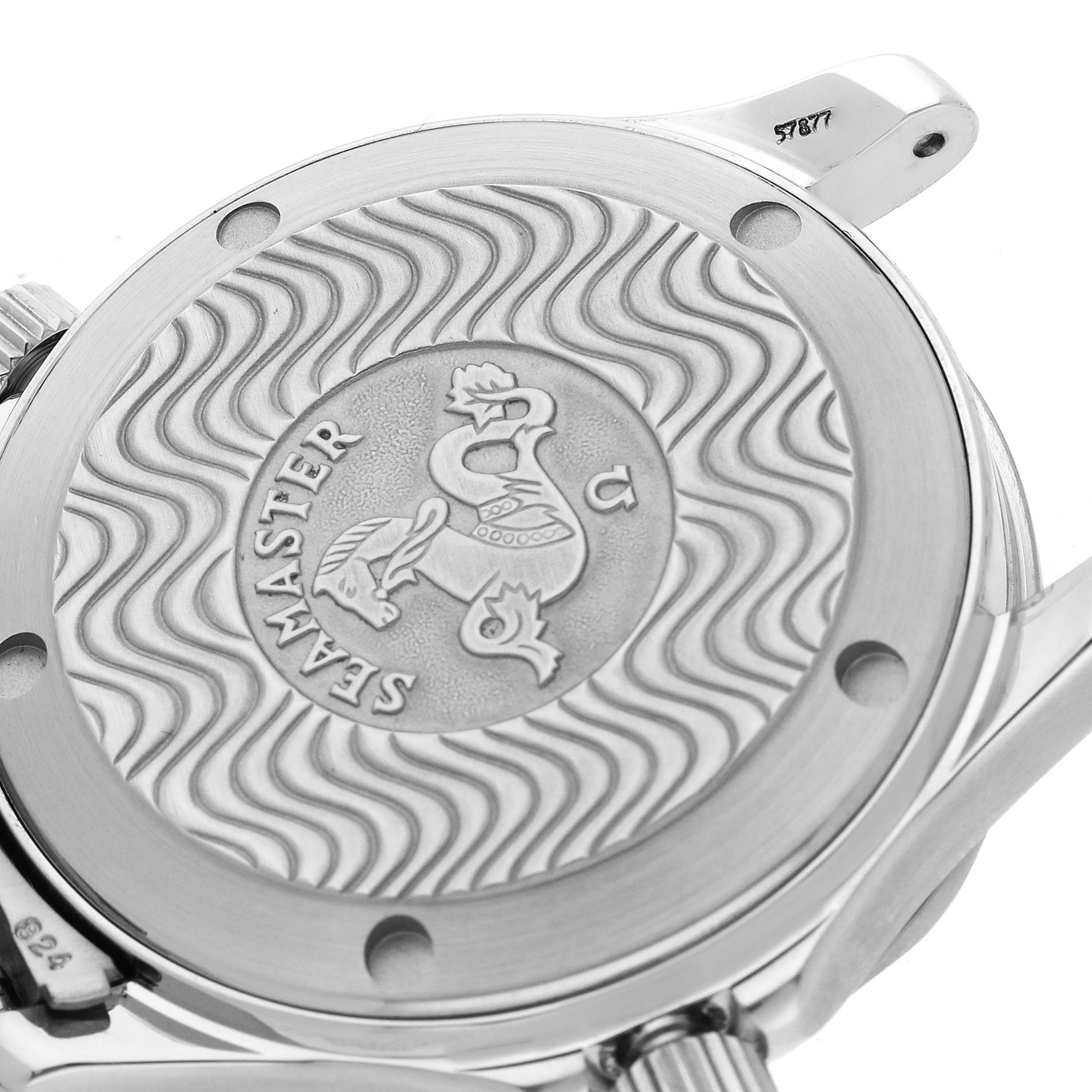 The image shows the back case of an Omega Seamaster 2561.80.00 Men
s Stainless Steel Blue Dial 2561.80.00 Men
s Stainless Steel Blue Dial watch, featuring a wave pattern and the Seamaster logo.