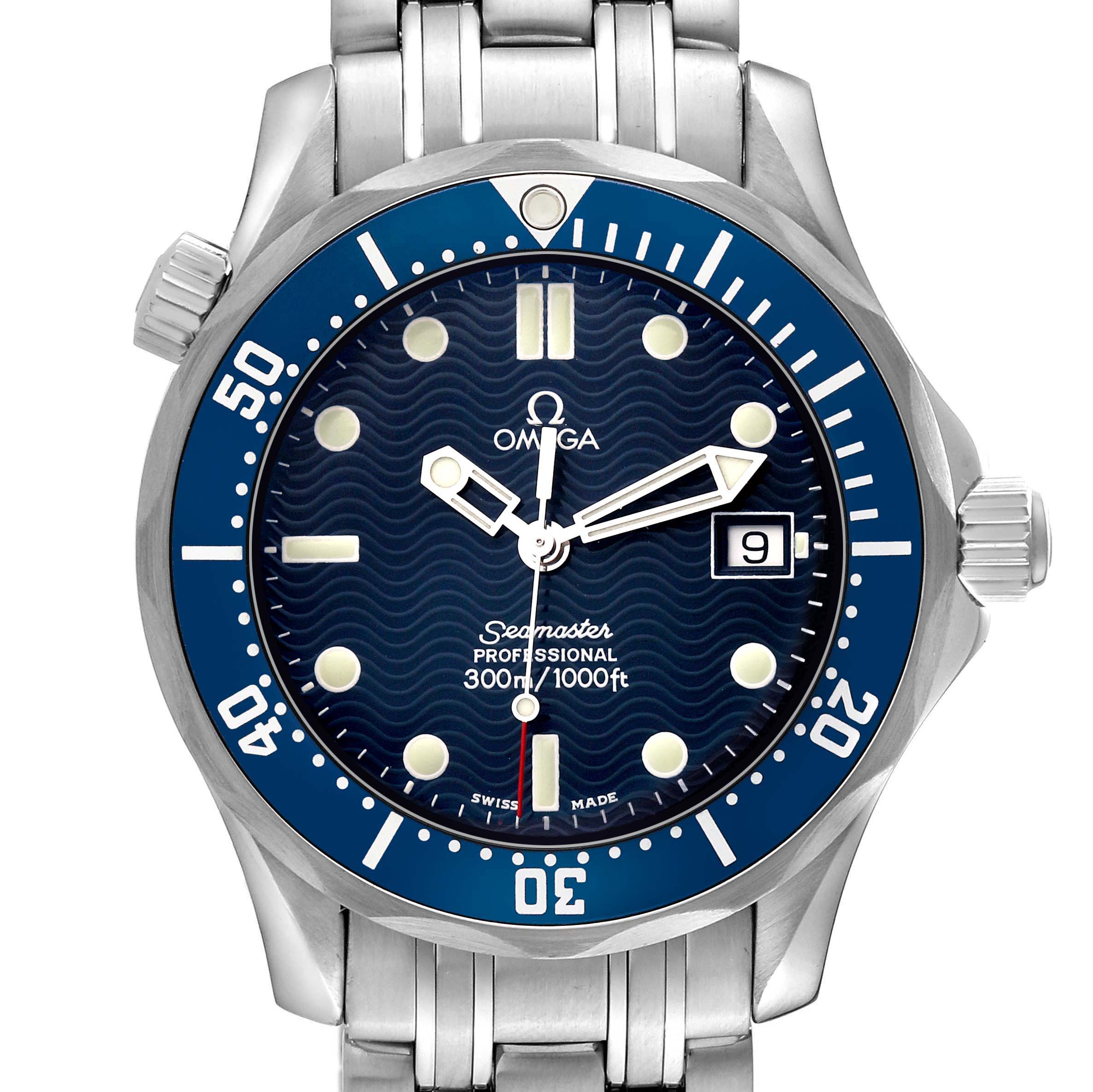 The Omega Seamaster 2561.80.00 Men
s Stainless Steel Blue Dial 2561.80.00 Men
s Stainless Steel Blue Dial watch is shown from a top view, displaying the dial, bezel, and part of the metal bracelet.