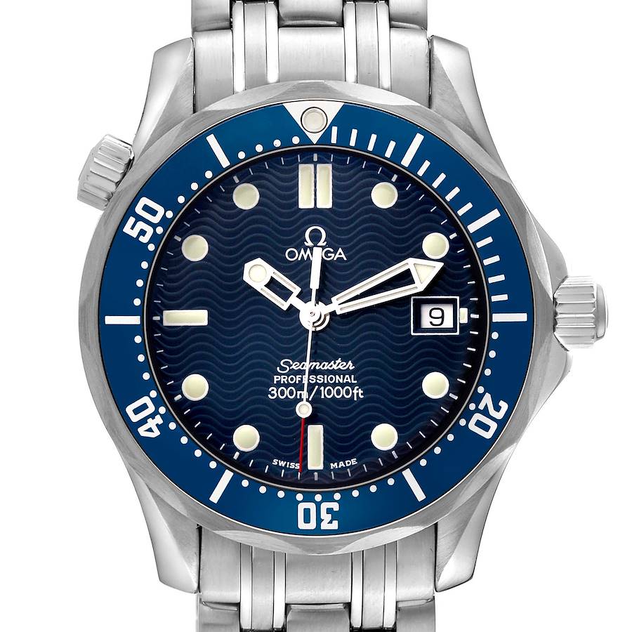 The Omega Seamaster watch is shown from a top view, displaying the dial, bezel, and part of the metal bracelet.
