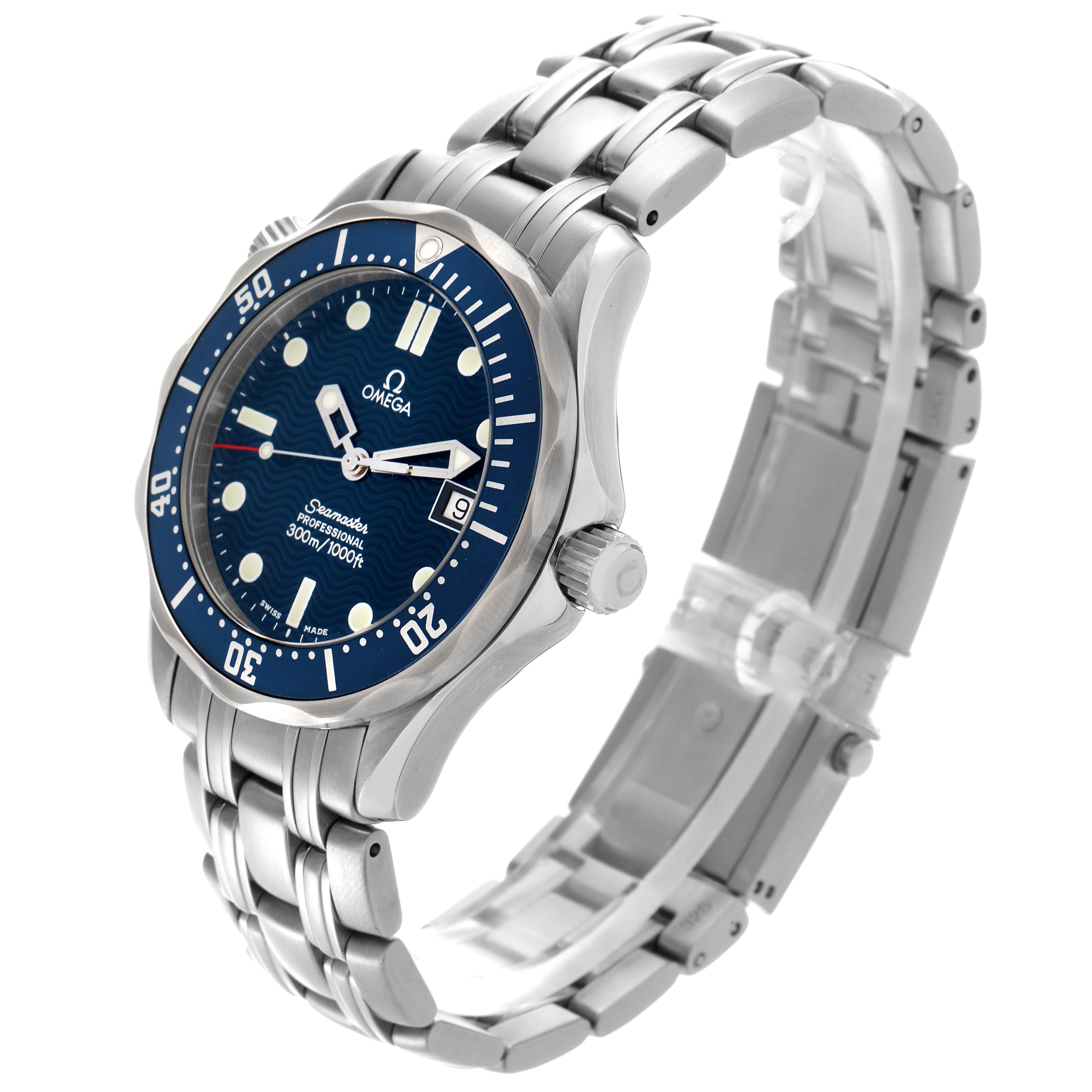 The Omega Seamaster 2561.80.00 Men
s Stainless Steel Blue Dial 2561.80.00 Men
s Stainless Steel Blue Dial watch is shown at a three-quarter angle, displaying the face, bezel, and metal bracelet.