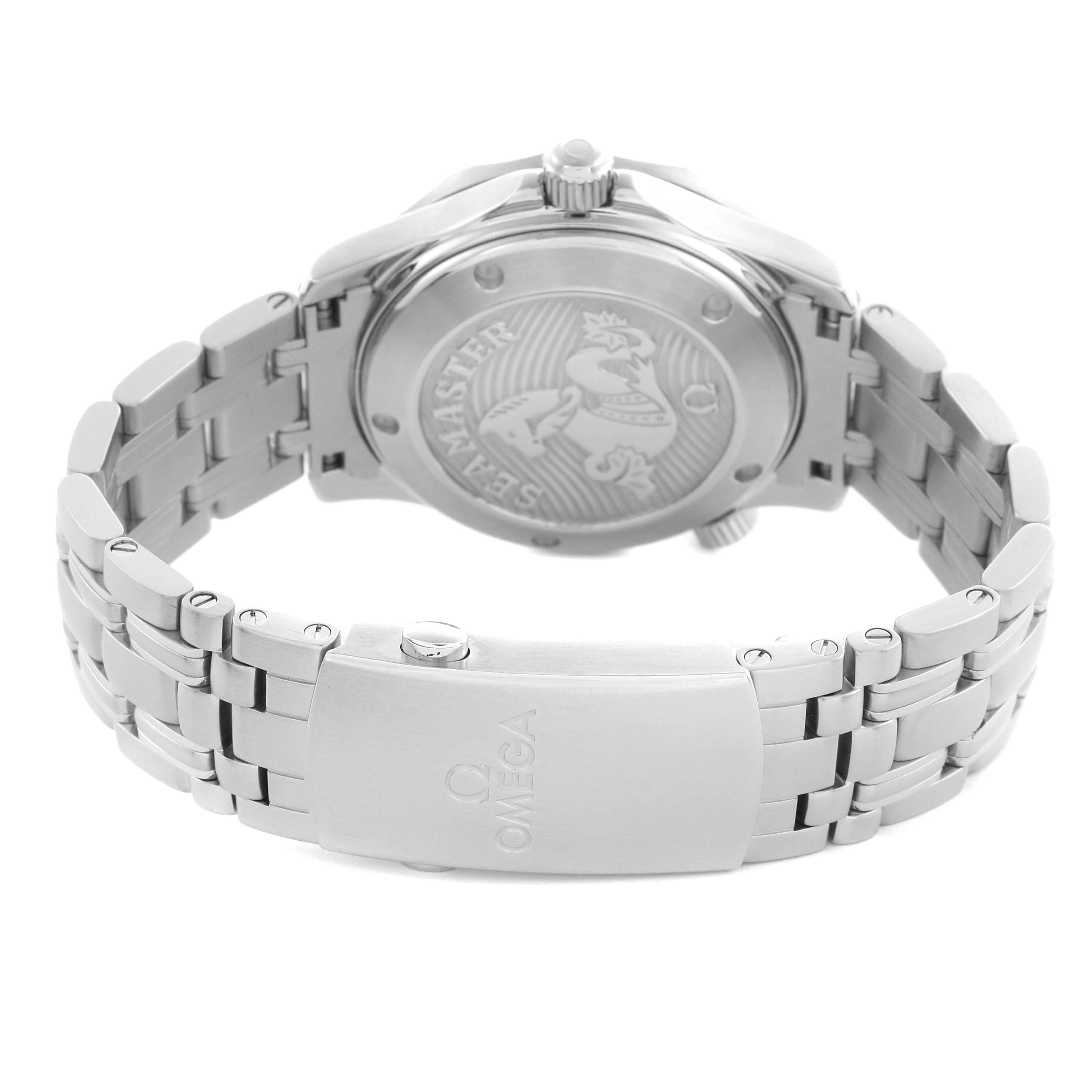 The image shows the back view of an Omega Seamaster 212.30.36.20.03.001 Men
s Stainless Steel Blue Dial 212.30.36.20.03.001 Men
s Stainless Steel Blue Dial, highlighting the case back and metal bracelet with the Omega logo on the clasp.