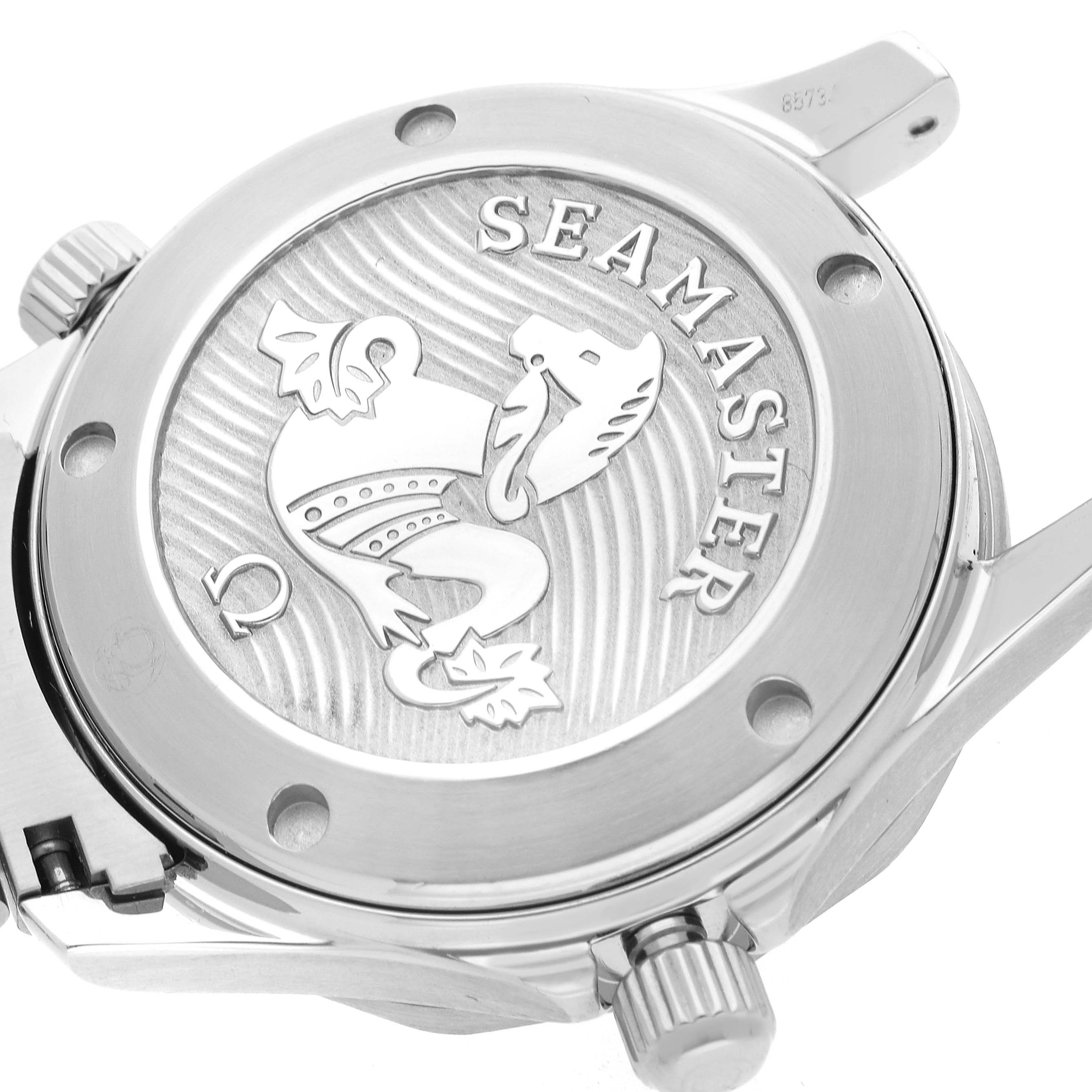 The image shows the back of an Omega Seamaster 212.30.36.20.03.001 Men
s Stainless Steel Blue Dial 212.30.36.20.03.001 Men
s Stainless Steel Blue Dial watch case, highlighting the engraved emblem and crown from a side angle.