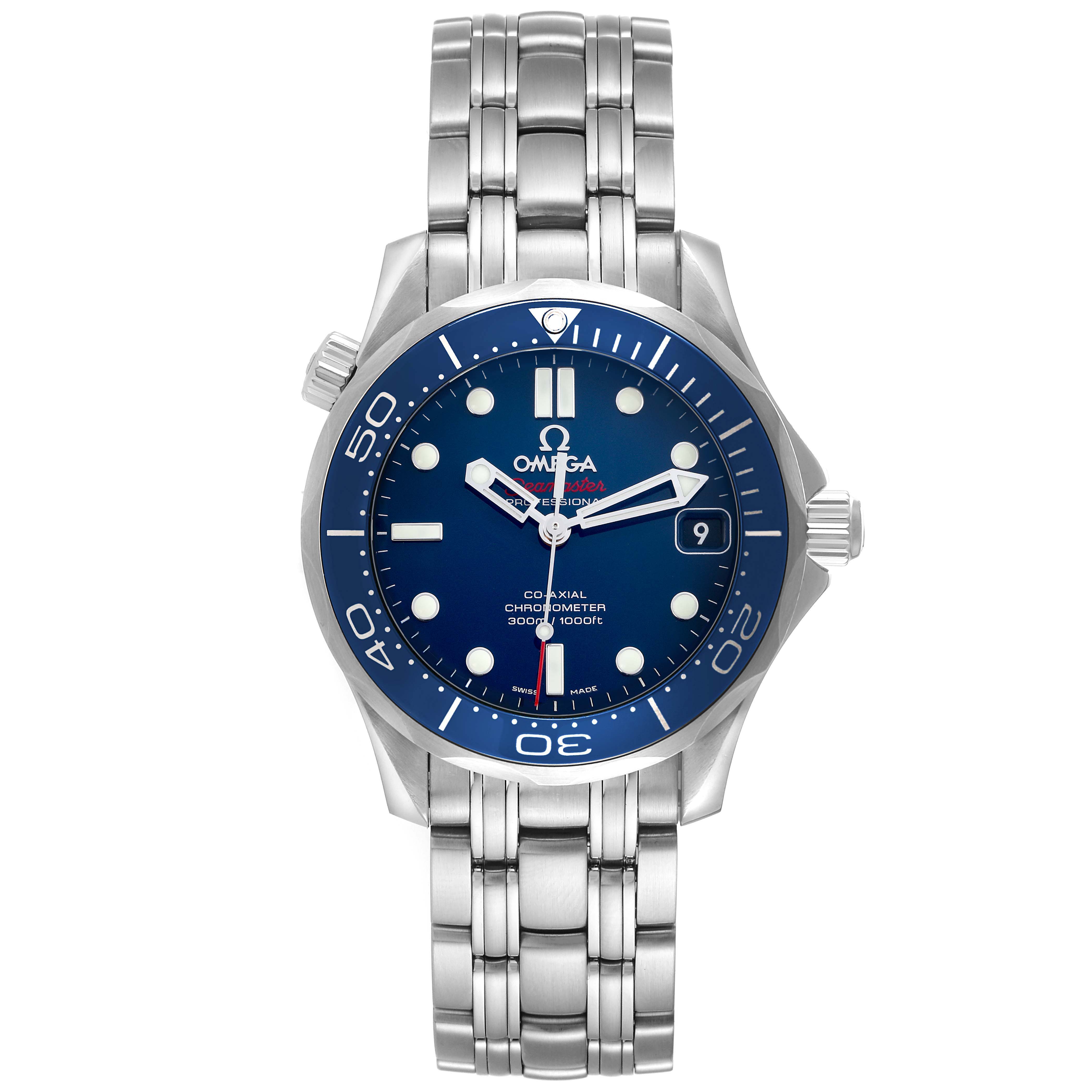 The Omega Seamaster 212.30.36.20.03.001 Men
s Stainless Steel Blue Dial 212.30.36.20.03.001 Men
s Stainless Steel Blue Dial watch is shown from a front angle, displaying its blue dial, bezel, and stainless steel bracelet.