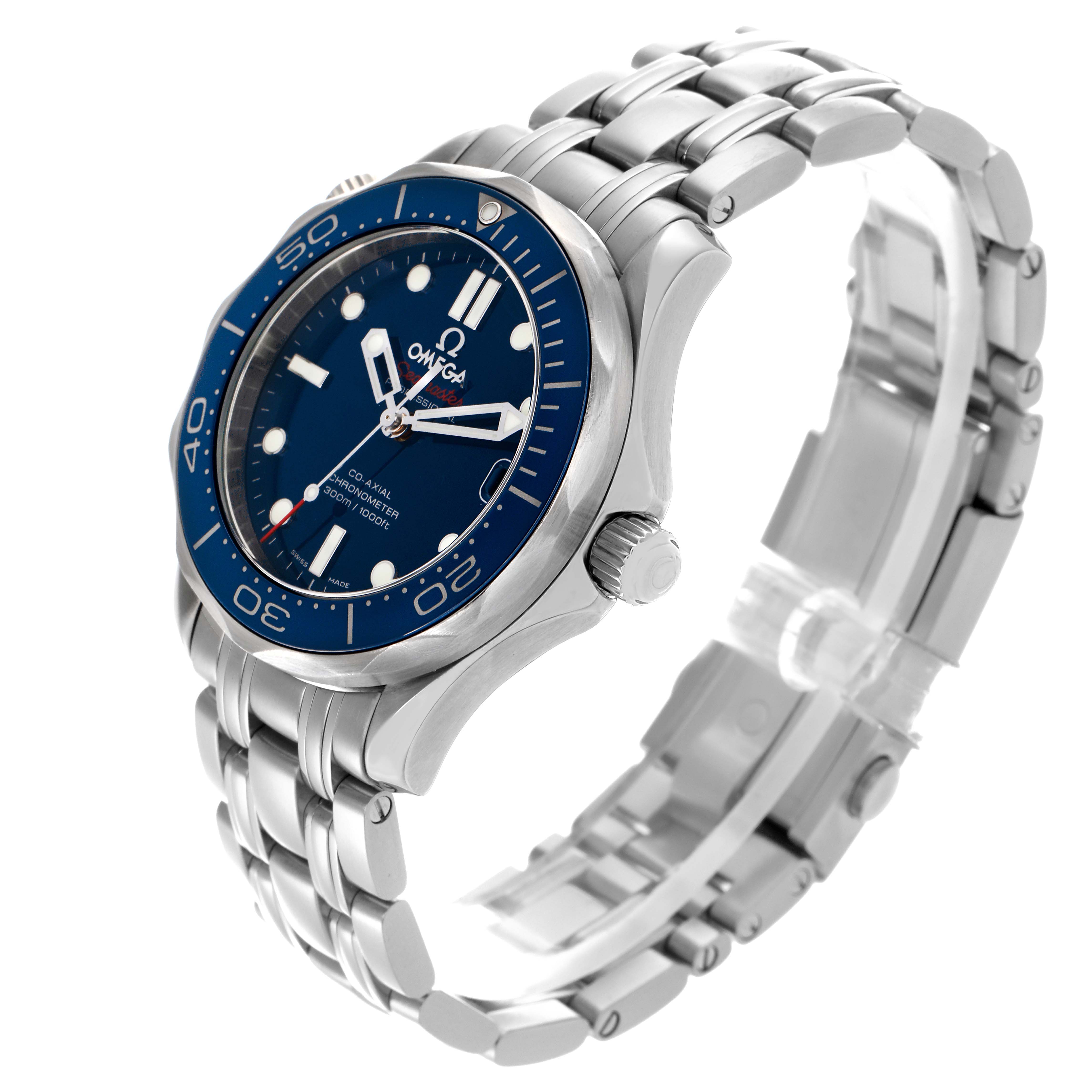 The Omega Seamaster 212.30.36.20.03.001 Men
s Stainless Steel Blue Dial 212.30.36.20.03.001 Men
s Stainless Steel Blue Dial watch is shown at a three-quarter angle, highlighting the blue dial, bezel, crown, and metal bracelet.