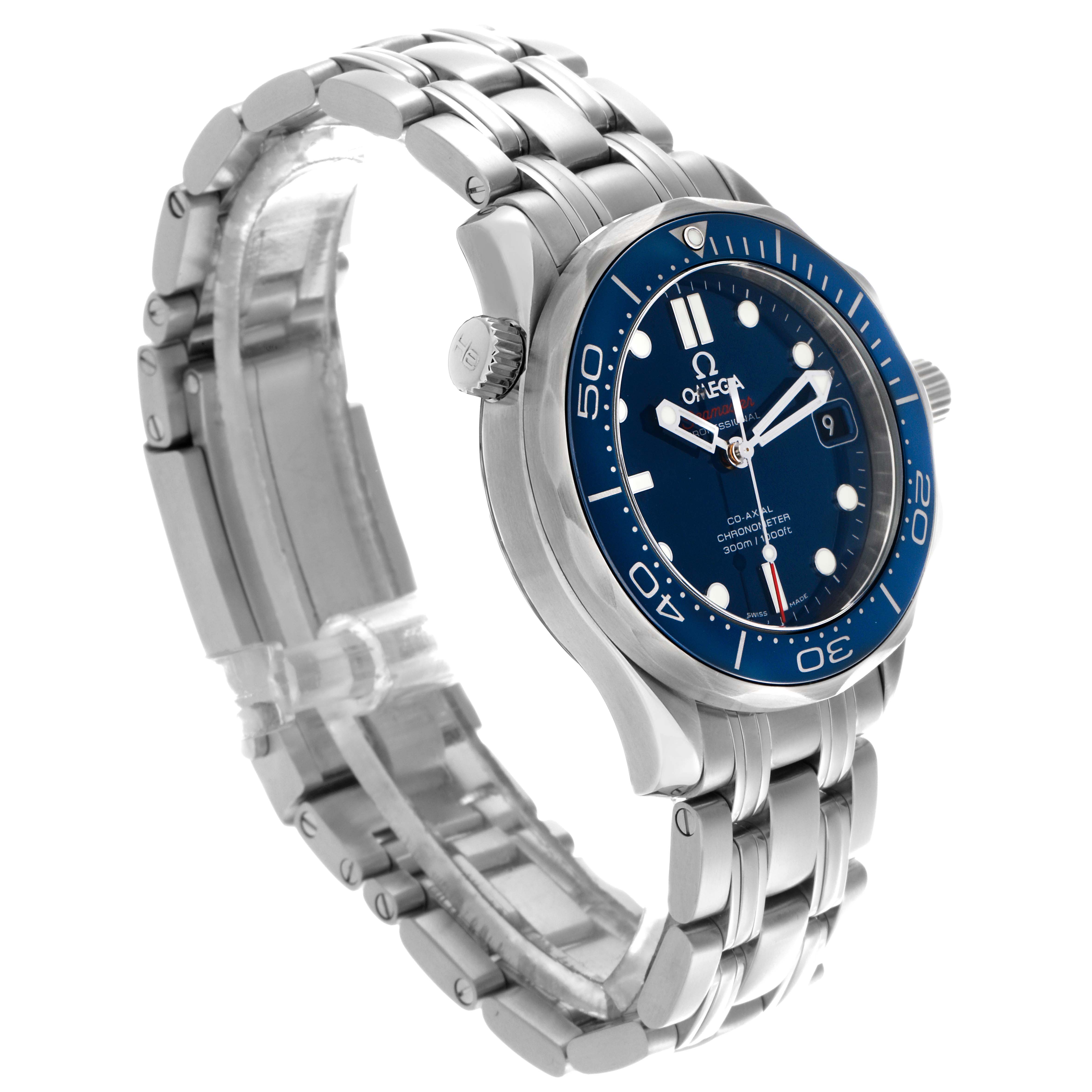 The Omega Seamaster 212.30.36.20.03.001 Men
s Stainless Steel Blue Dial 212.30.36.20.03.001 Men
s Stainless Steel Blue Dial watch is shown at a three-quarter angle, displaying its face, bezel, and bracelet.