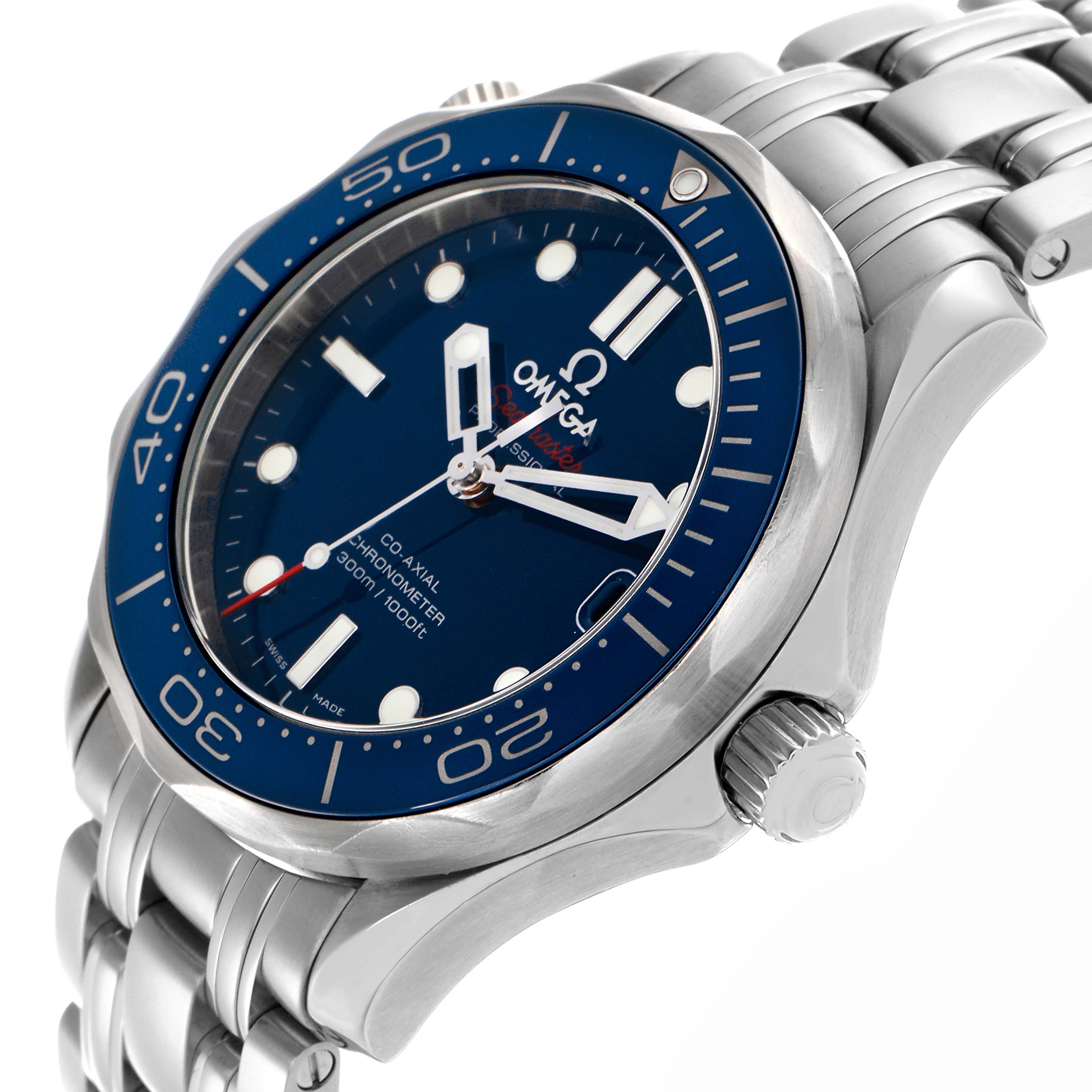 The Omega Seamaster 212.30.36.20.03.001 Men
s Stainless Steel Blue Dial 212.30.36.20.03.001 Men
s Stainless Steel Blue Dial watch is shown at an oblique angle, highlighting the face, bezel, case, and bracelet.