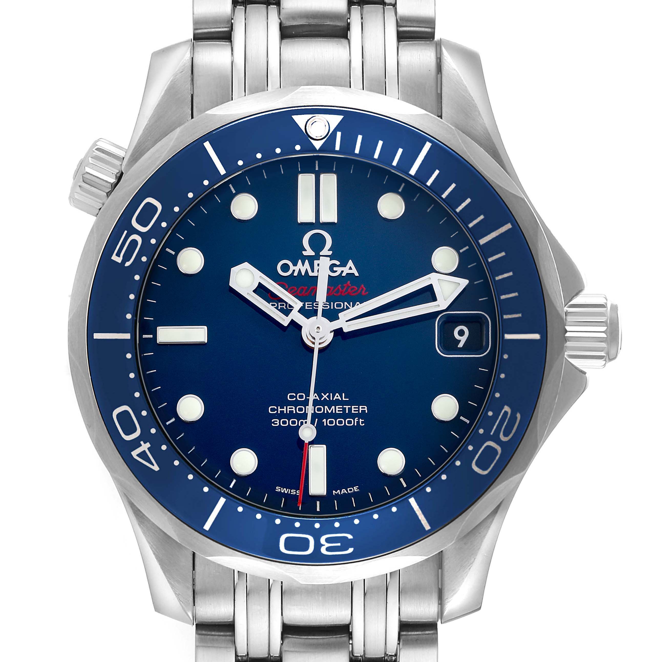 The Omega Seamaster 212.30.36.20.03.001 Men
s Stainless Steel Blue Dial 212.30.36.20.03.001 Men
s Stainless Steel Blue Dial watch is shown from the front, displaying the dial, bezel, crown, and part of the bracelet.