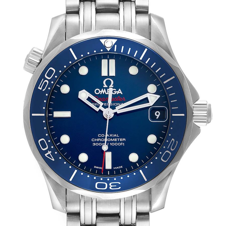 The Omega Seamaster watch is shown from the front, displaying the dial, bezel, crown, and part of the bracelet.