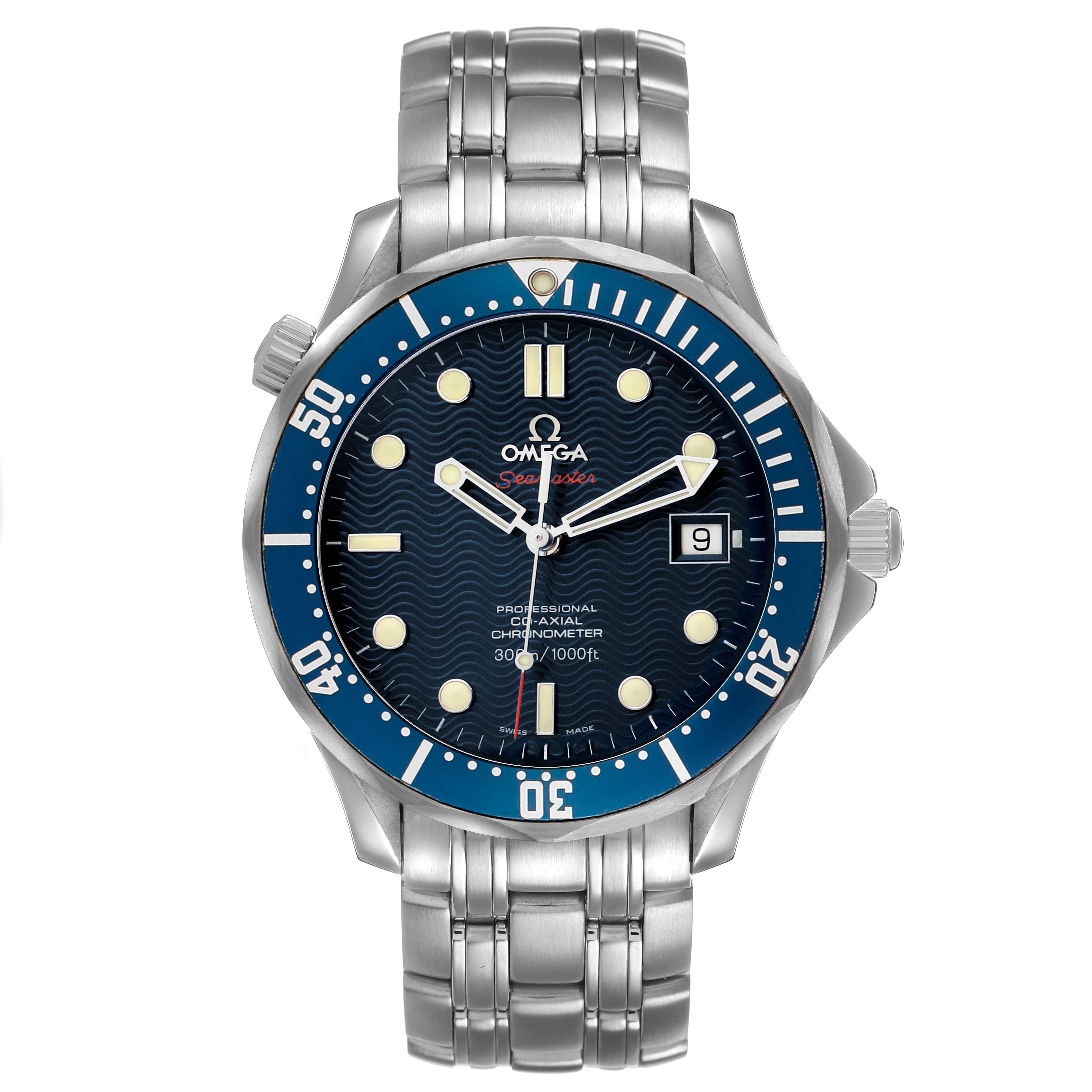 The image shows a front view of the Omega Seamaster 2220.80.00 Men's Stainless Steel Blue Dial watch, highlighting the dial, bezel, and bracelet.
