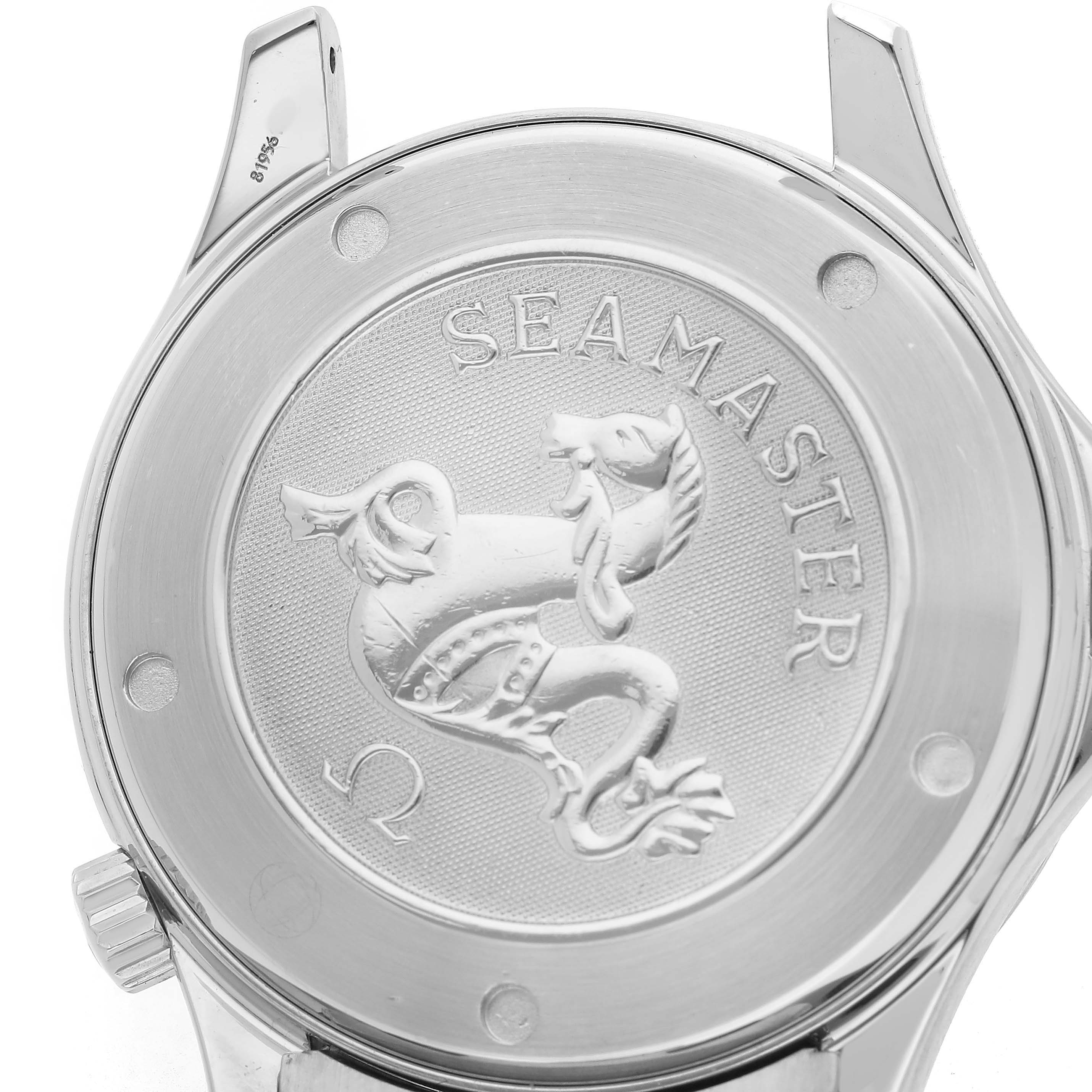 The image shows the back case of the Omega Seamaster 2220.80.00 Men's Stainless Steel Blue Dial watch, highlighting the engraved logo and branding.
