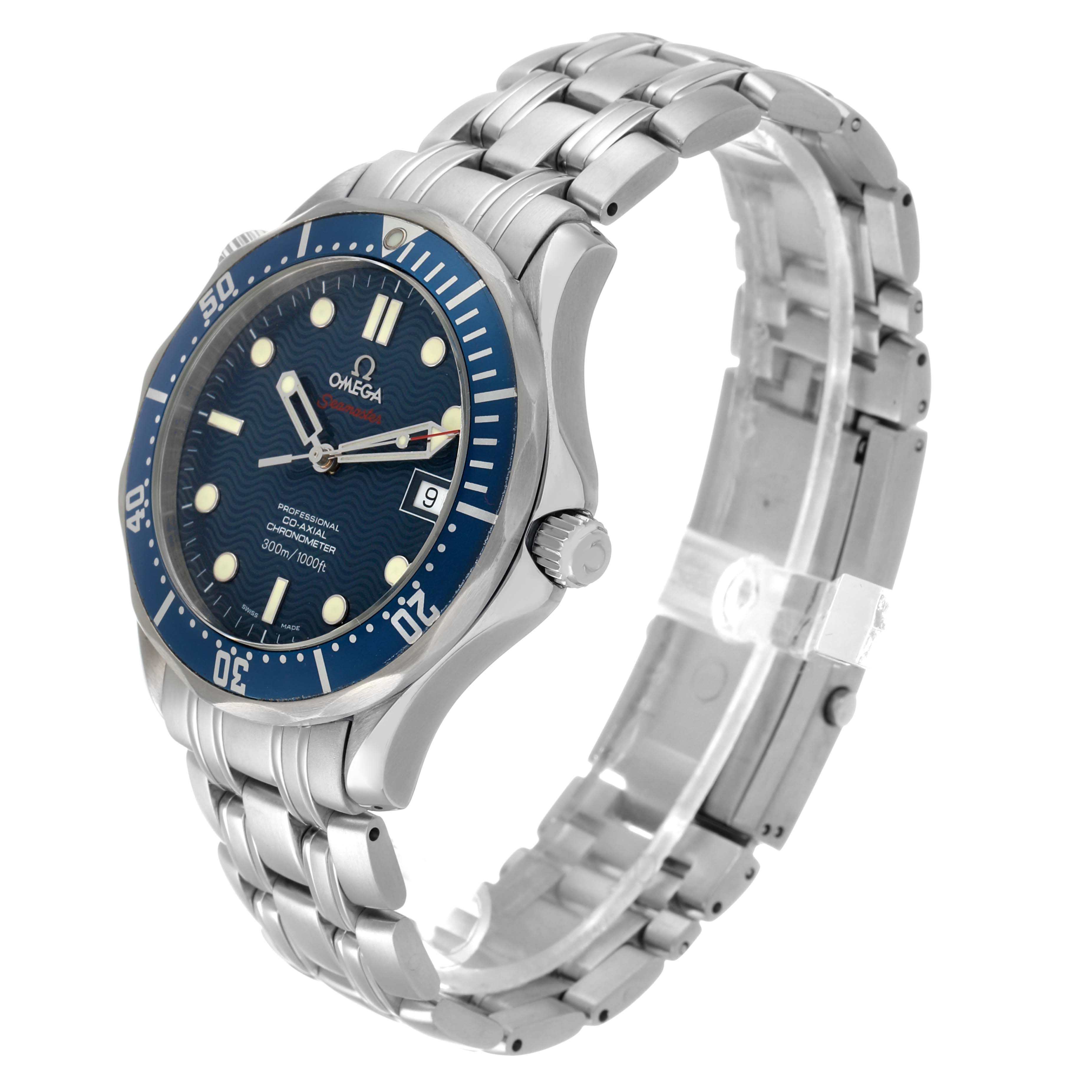 The Omega Seamaster 2220.80.00 Men's Stainless Steel Blue Dial watch is shown from a side angle, displaying the face, bezel, crown, and stainless steel bracelet.