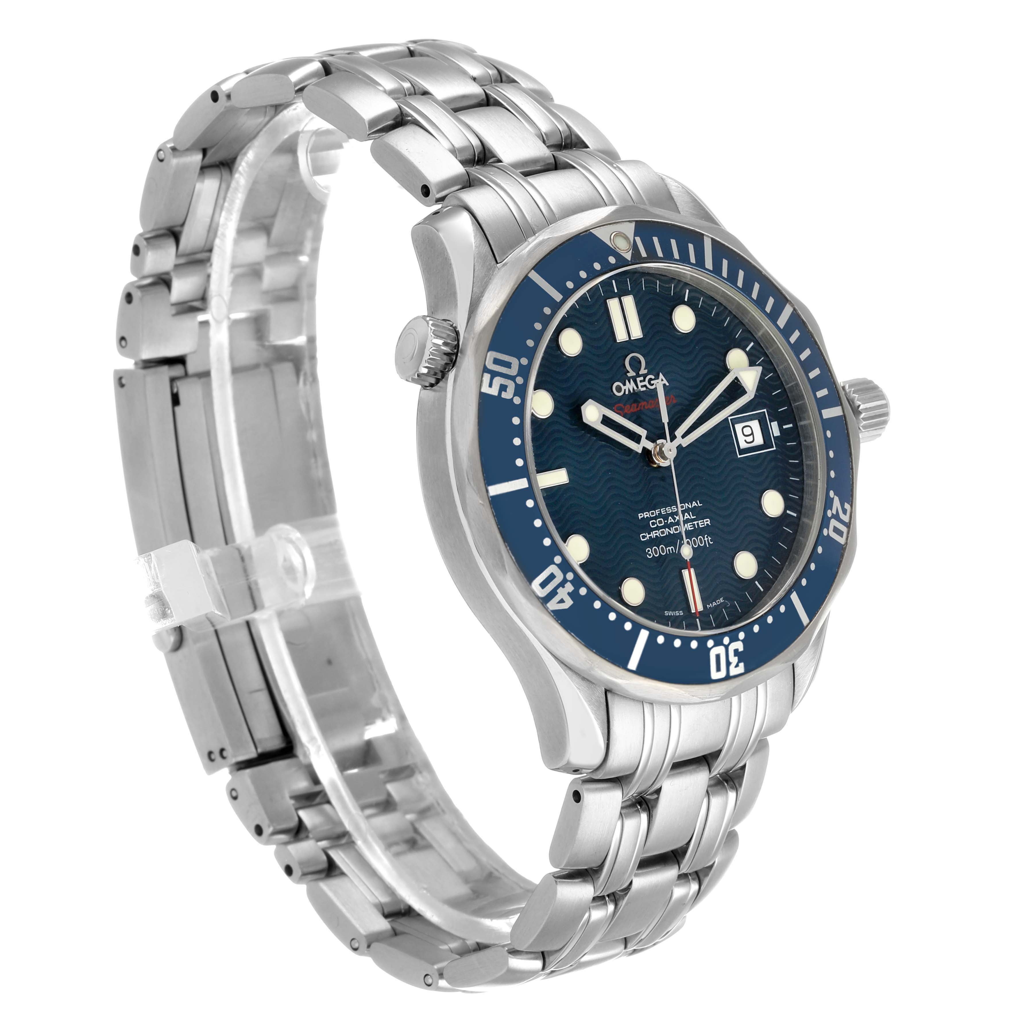 The Omega Seamaster 2220.80.00 Men's Stainless Steel Blue Dial watch is shown at an angled view, highlighting its blue dial, bezel, bracelet, and clasp.