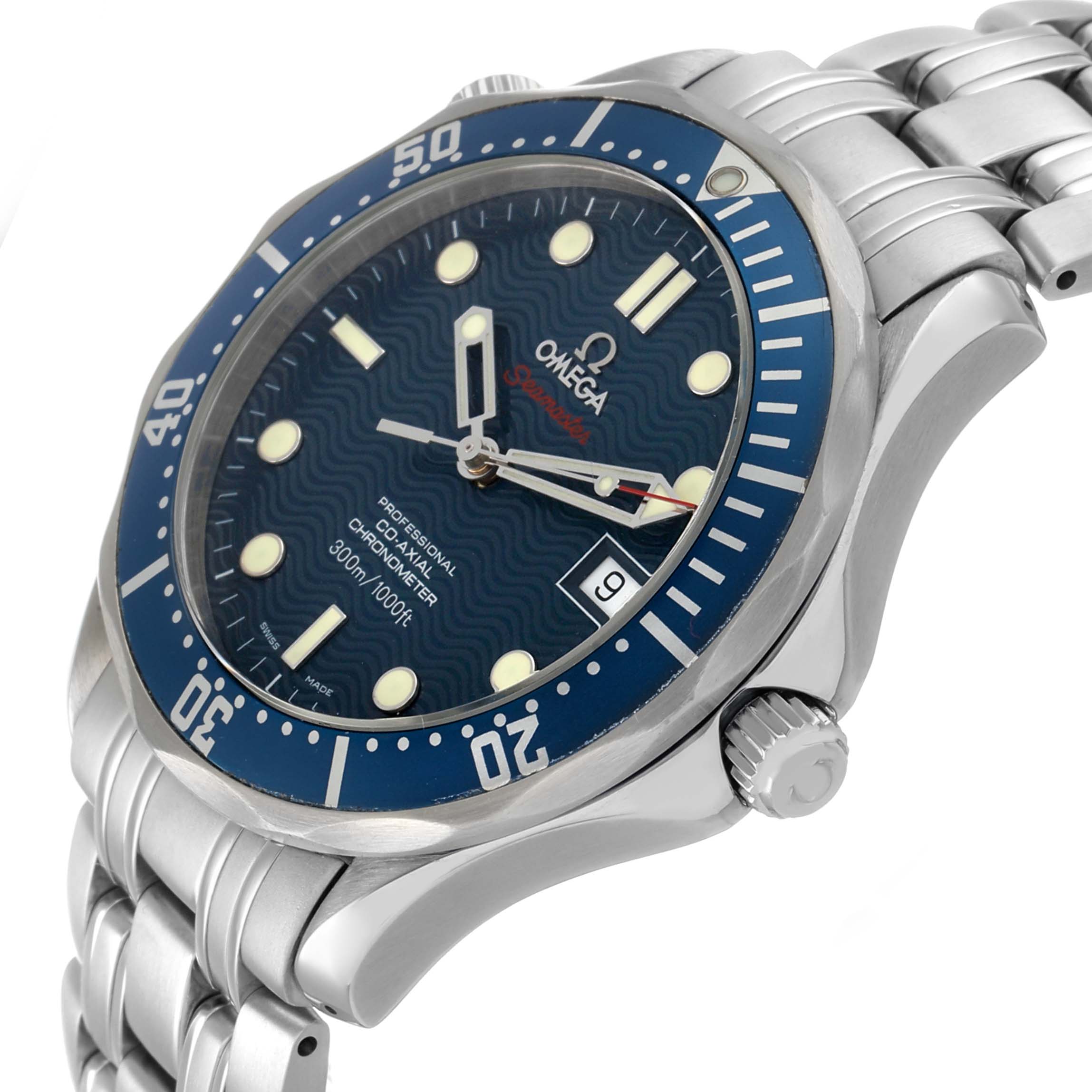 The Omega Seamaster 2220.80.00 Men's Stainless Steel Blue Dial watch is shown at a slight side angle highlighting the blue dial, bezel, crown, and metal bracelet.