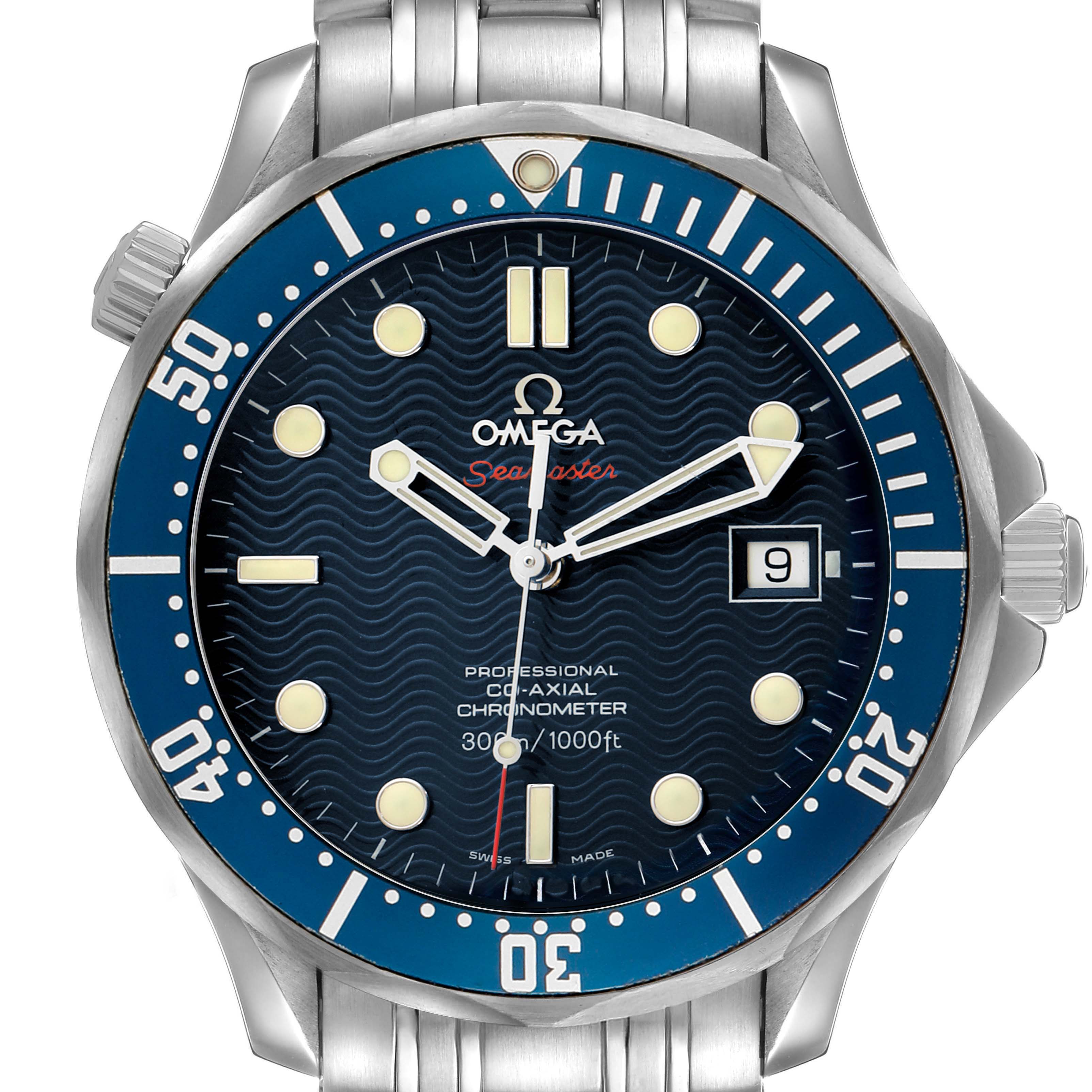 The Omega Seamaster 2220.80.00 Men's Stainless Steel Blue Dial watch is shown from the front, highlighting the dial, bezel, and bracelet.