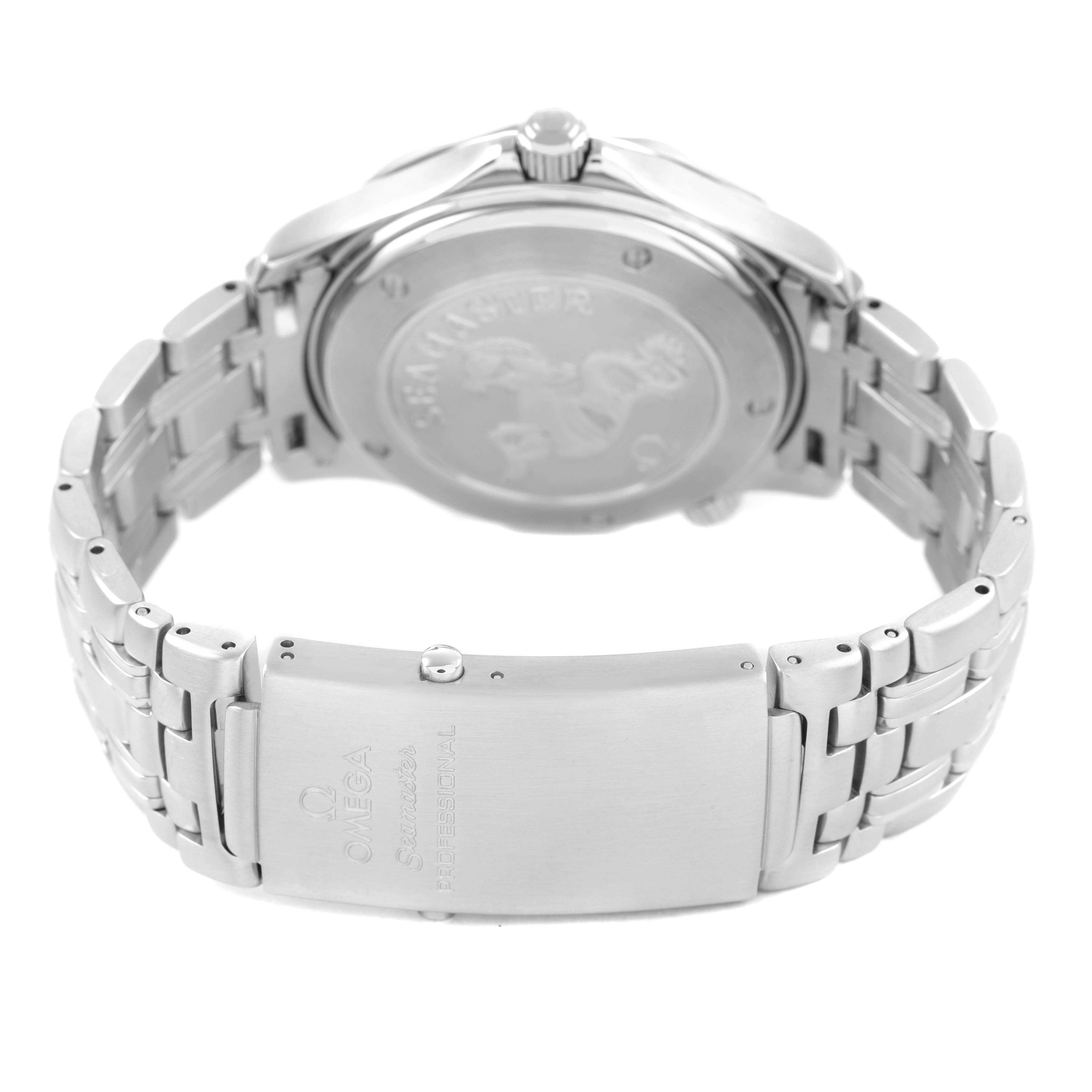 The image shows the back and clasp of the Omega Seamaster 2220.80.00 Men's Stainless Steel Blue Dial watch, focusing on the bracelet and engraved back.