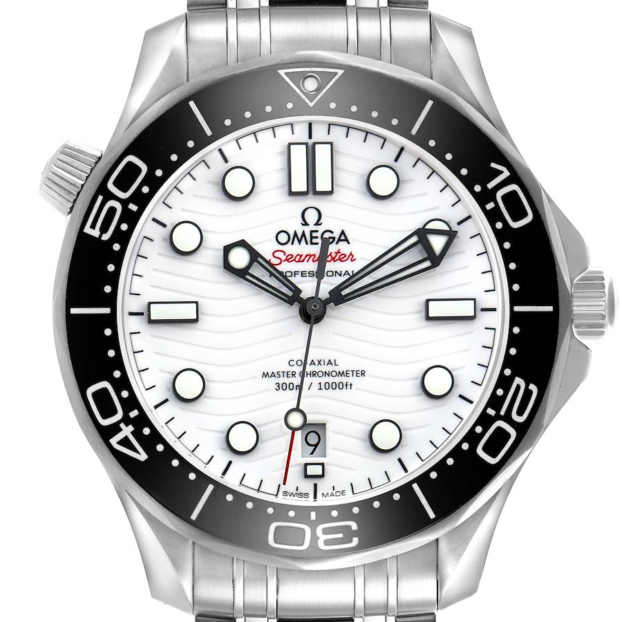 The Omega Seamaster watch is shown from the front, displaying the face, bezel, and part of the bracelet.