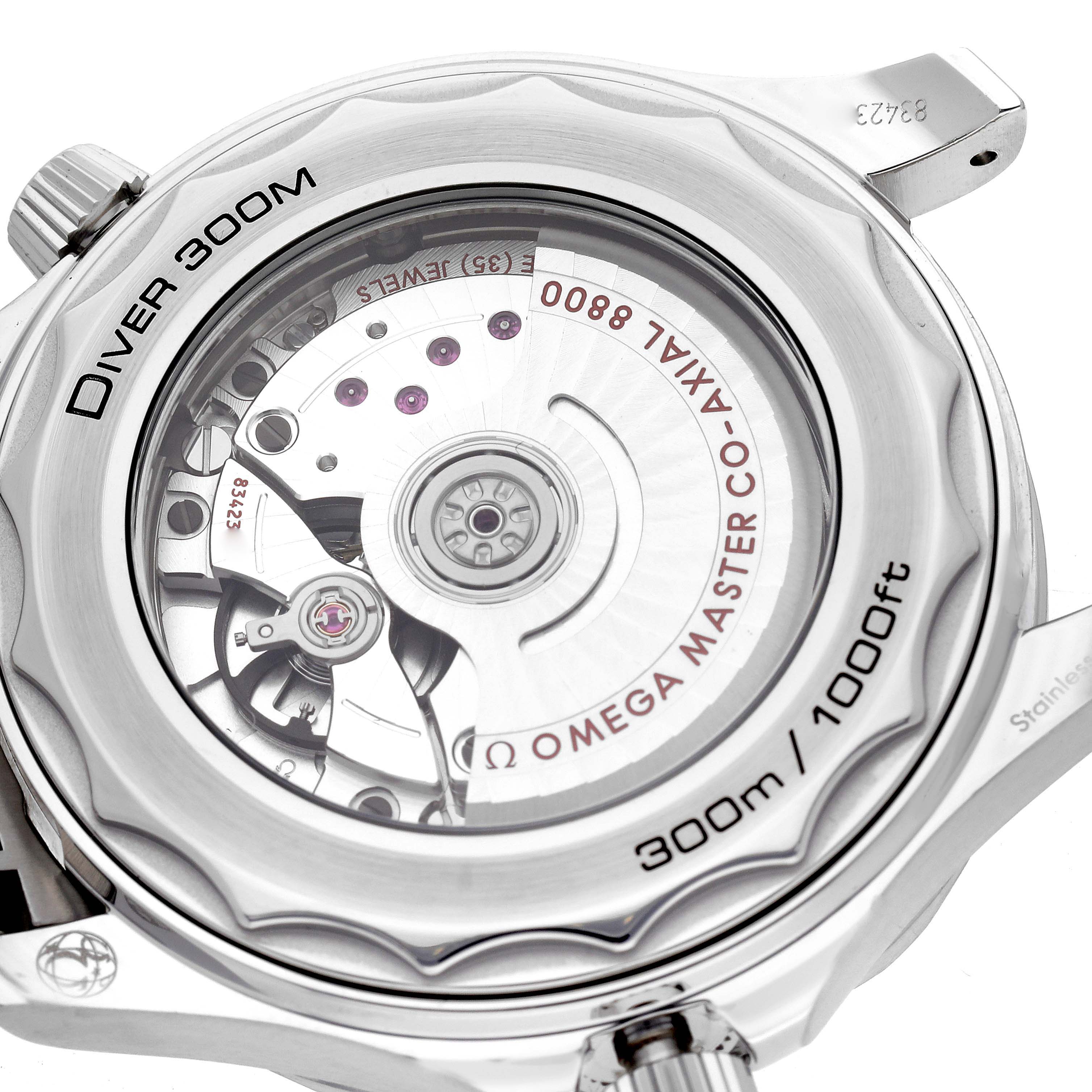 The image shows the back of the Omega Seamaster 210.30.42.20.04.001 Men
s Stainless Steel White Dial 210.30.42.20.04.001 Men
s Stainless Steel White Dial, highlighting the movement through a transparent case back.