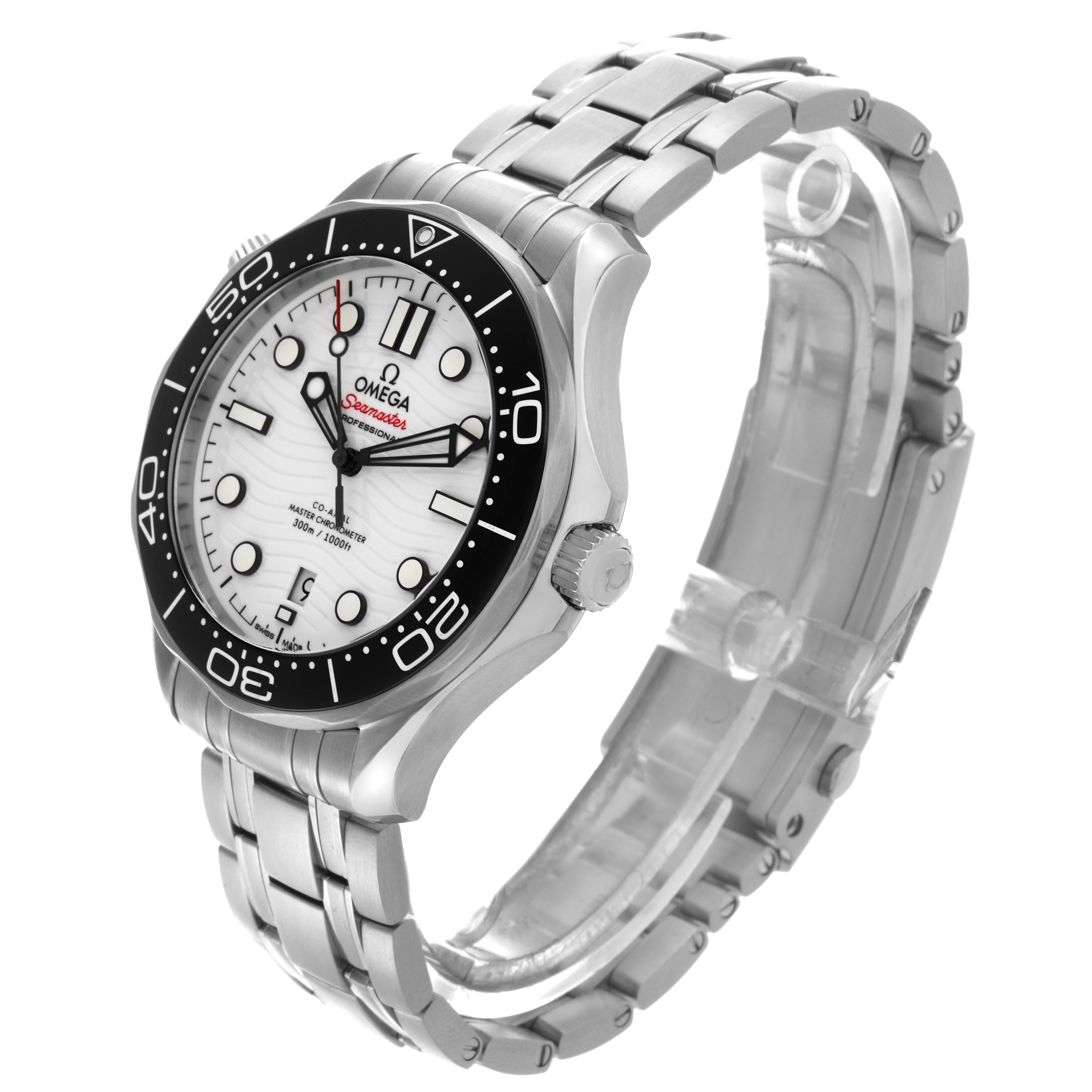 The Omega Seamaster 210.30.42.20.04.001 Men
s Stainless Steel White Dial 210.30.42.20.04.001 Men
s Stainless Steel White Dial watch is angled to show the face, bezel, crown, and metal bracelet.