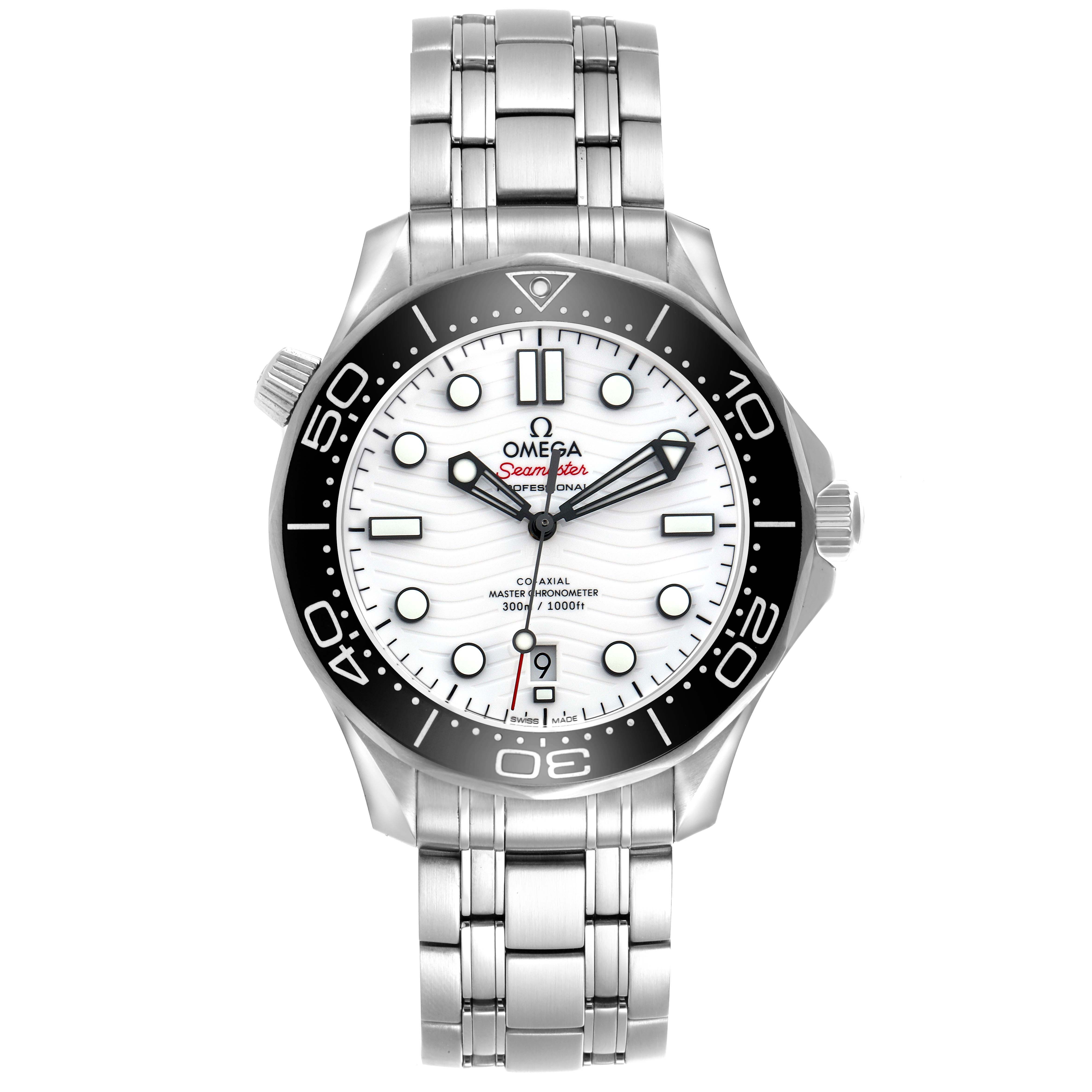 The Omega Seamaster 210.30.42.20.04.001 Men
s Stainless Steel White Dial 210.30.42.20.04.001 Men
s Stainless Steel White Dial watch is shown from a front angle, displaying its face, bezel, and bracelet.