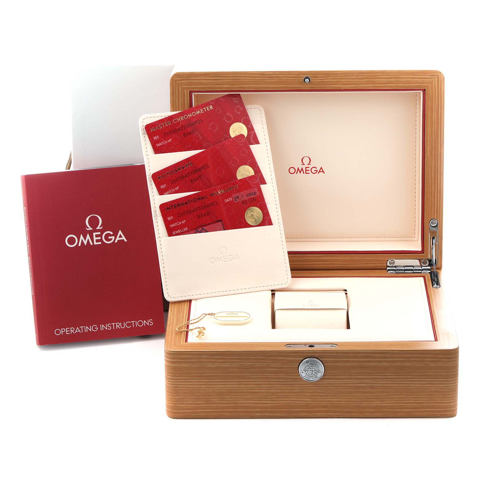 The image shows the Omega Seamaster 210.30.42.20.04.001 Men
s Stainless Steel White Dial 210.30.42.20.04.001 Men
s Stainless Steel White Dial watch box, warranty cards, and operating instructions from a front angle.