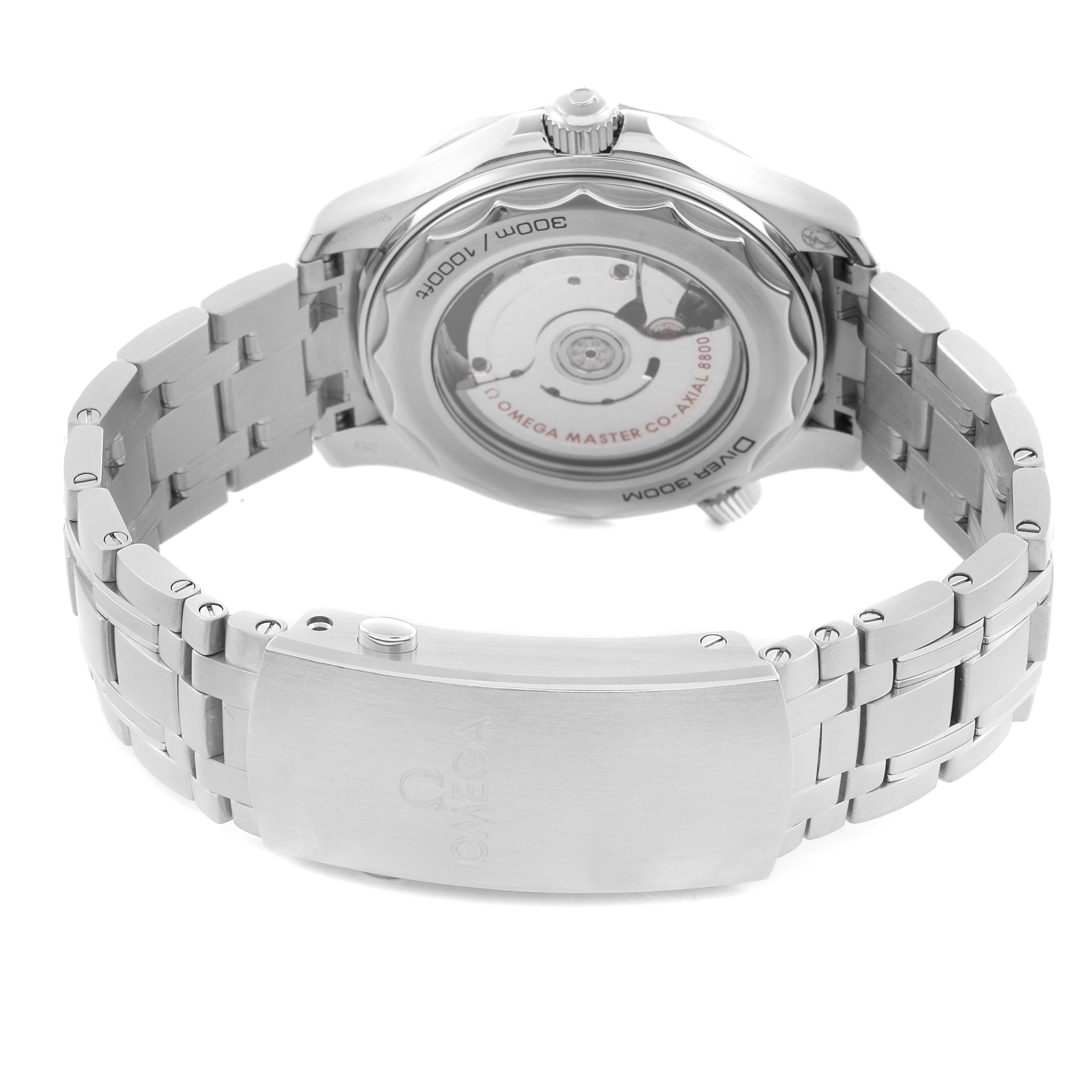 The Omega Seamaster 210.30.42.20.04.001 Men
s Stainless Steel White Dial 210.30.42.20.04.001 Men
s Stainless Steel White Dial watch is shown from the back, highlighting the exhibition case back and the metal bracelet with a clasp.