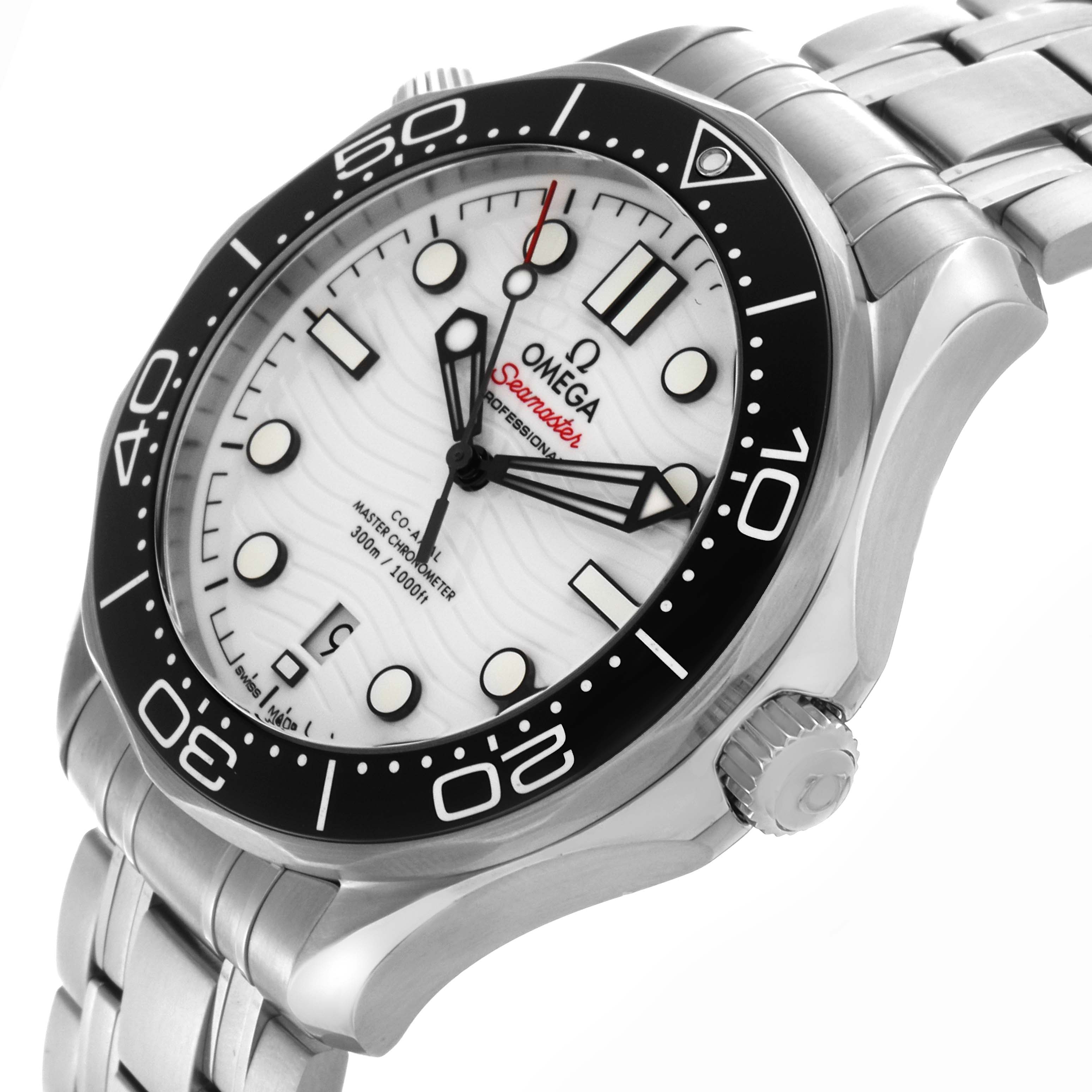 The Omega Seamaster 210.30.42.20.04.001 Men
s Stainless Steel White Dial 210.30.42.20.04.001 Men
s Stainless Steel White Dial watch is shown at an angle highlighting the dial, bezel, crown, and part of the bracelet.
